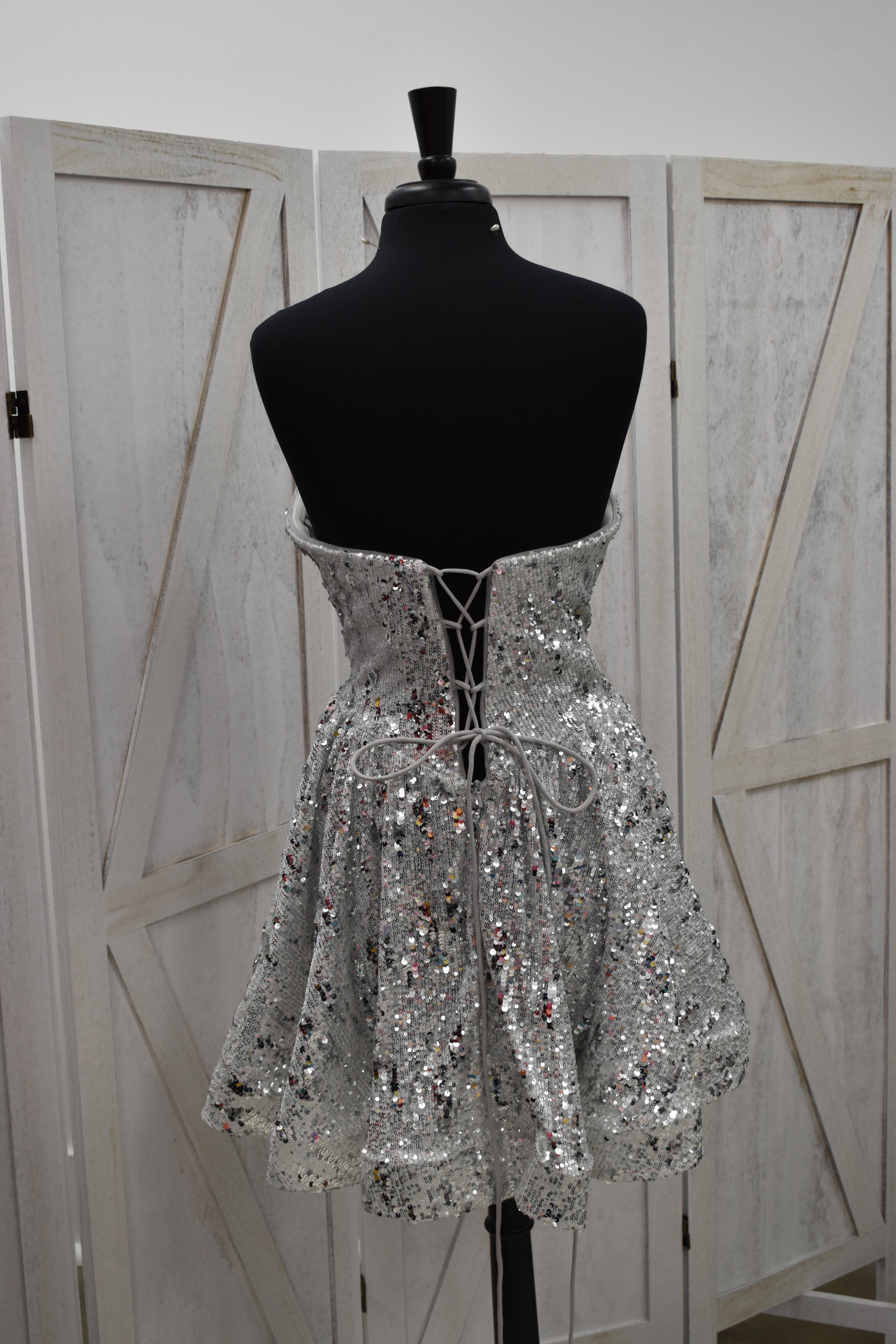 Silver Sequin Strapless Lace-Up Back Puff Mini Dress