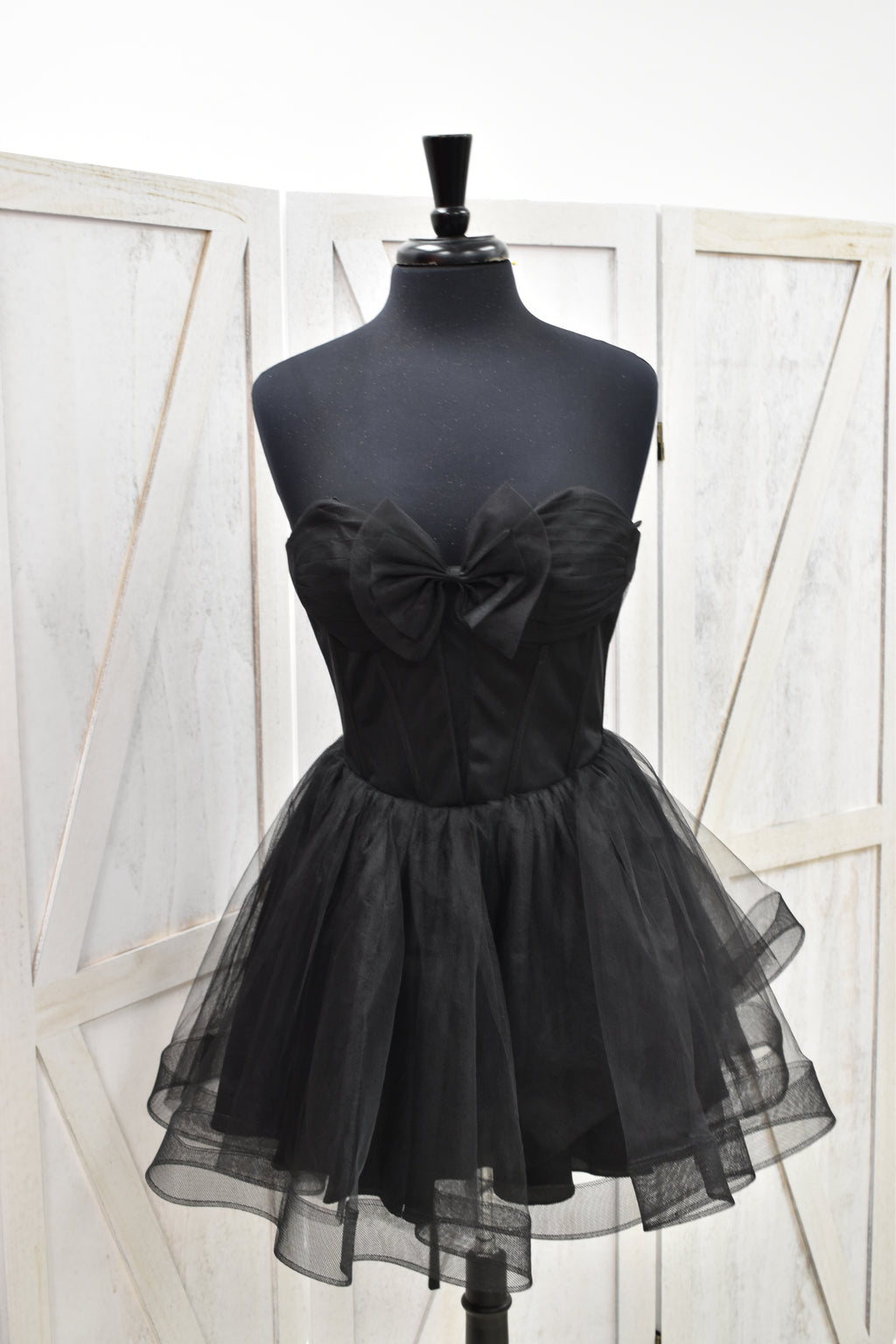 Black Tulle Strapless Bow Corset Lace-Up Back Puff Mini Dress