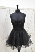 Black Tulle Strapless Bow Corset Lace-Up Back Puff Mini Dress
