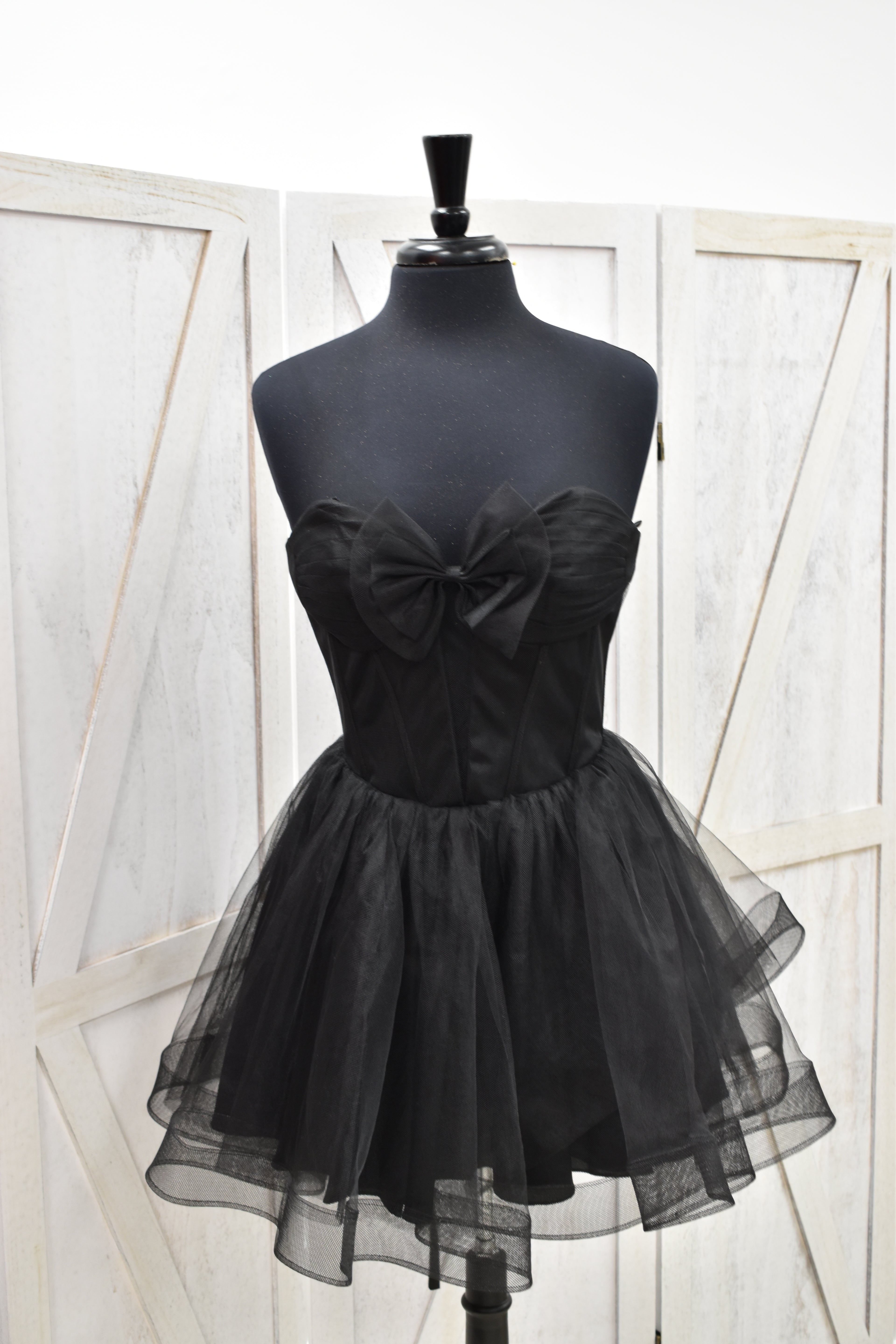 Black Tulle Strapless Bow Corset Lace-Up Back Puff Mini Dress
