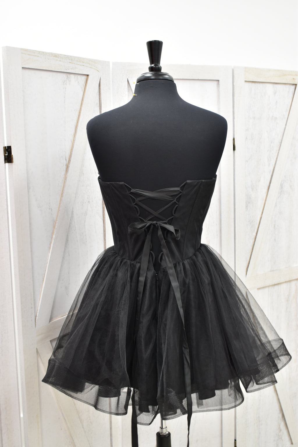 Black Tulle Strapless Bow Corset Lace-Up Back Puff Mini Dress