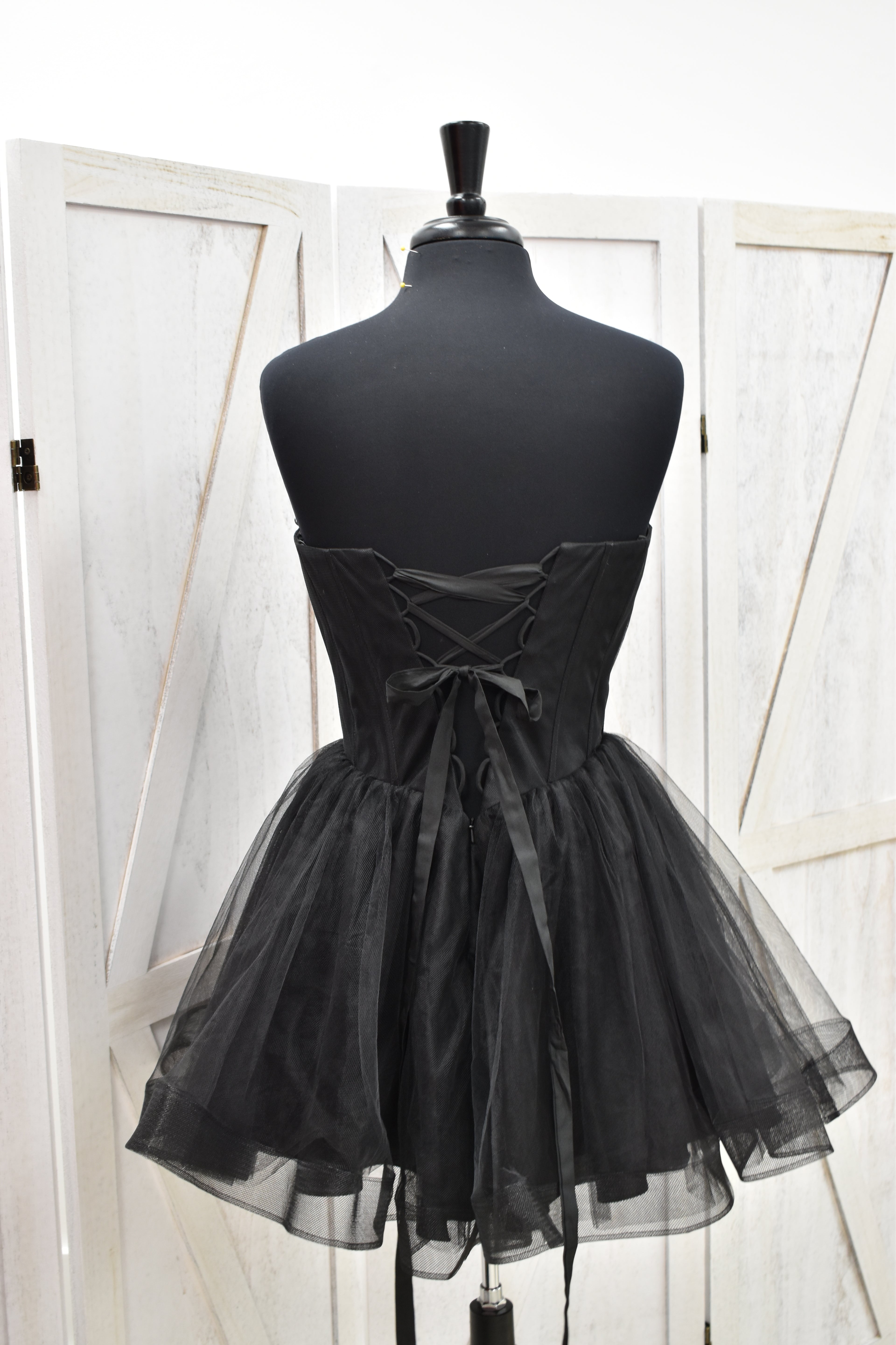 Black Tulle Strapless Bow Corset Lace-Up Back Puff Mini Dress