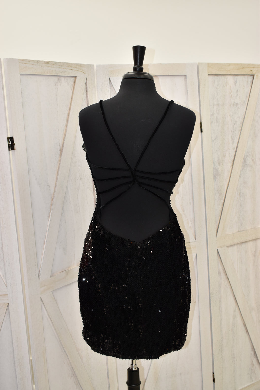 Black Sequin V-Neck Open Cross-Back Bodycon Mini Dress