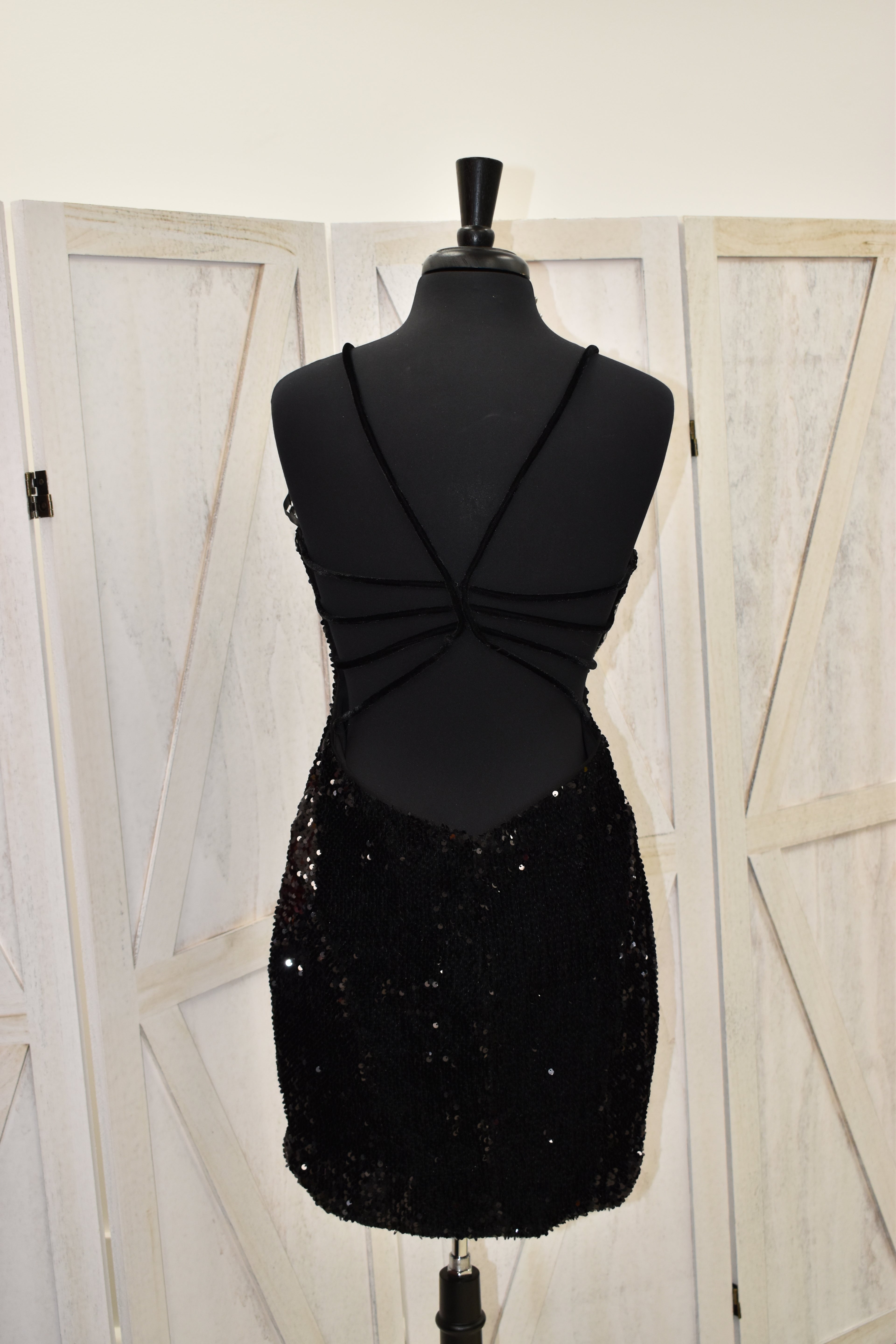 Black Sequin V-Neck Open Cross-Back Bodycon Mini Dress