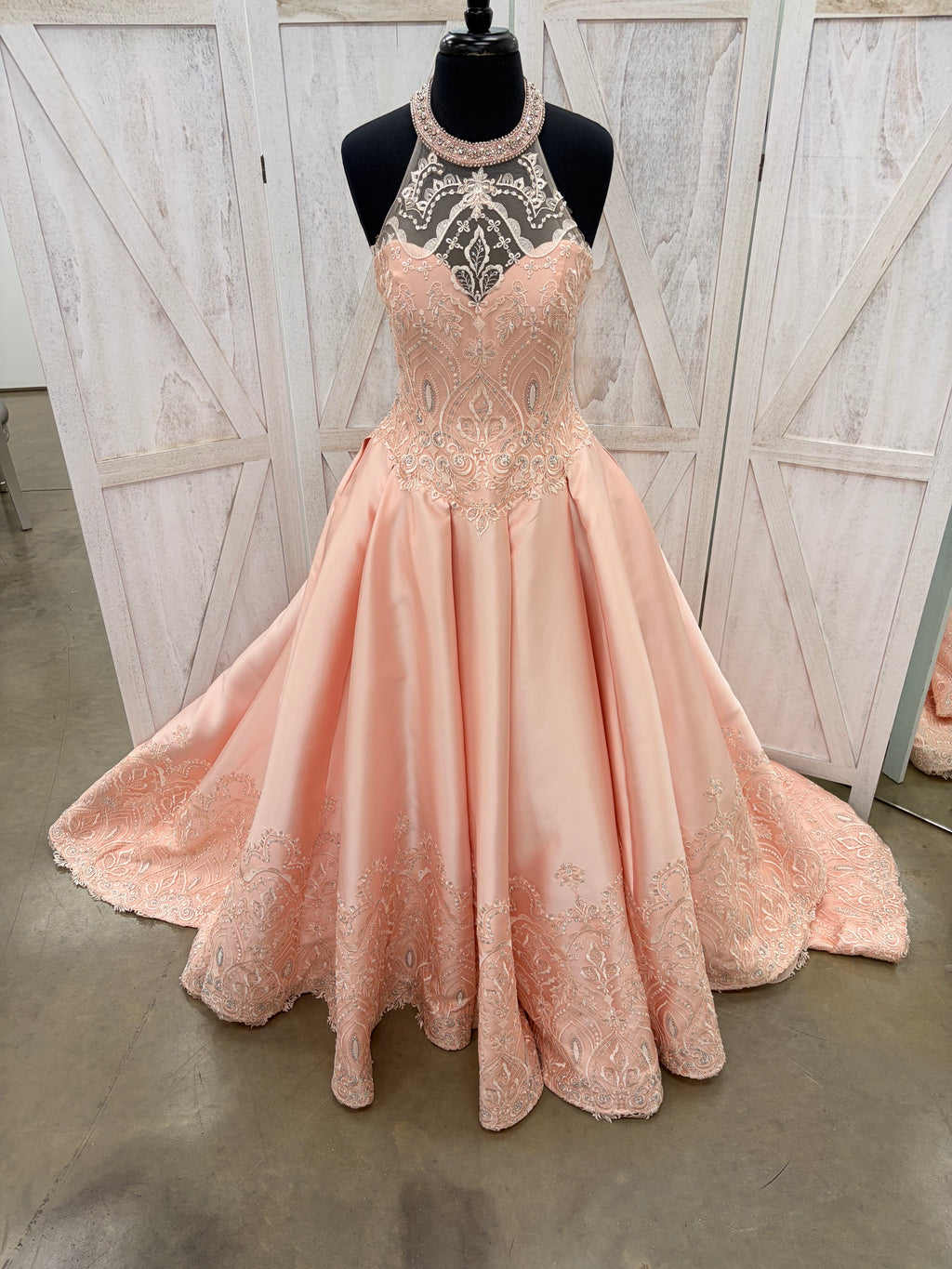 Blush Beaded Halter Quinceañera Ball Gown
