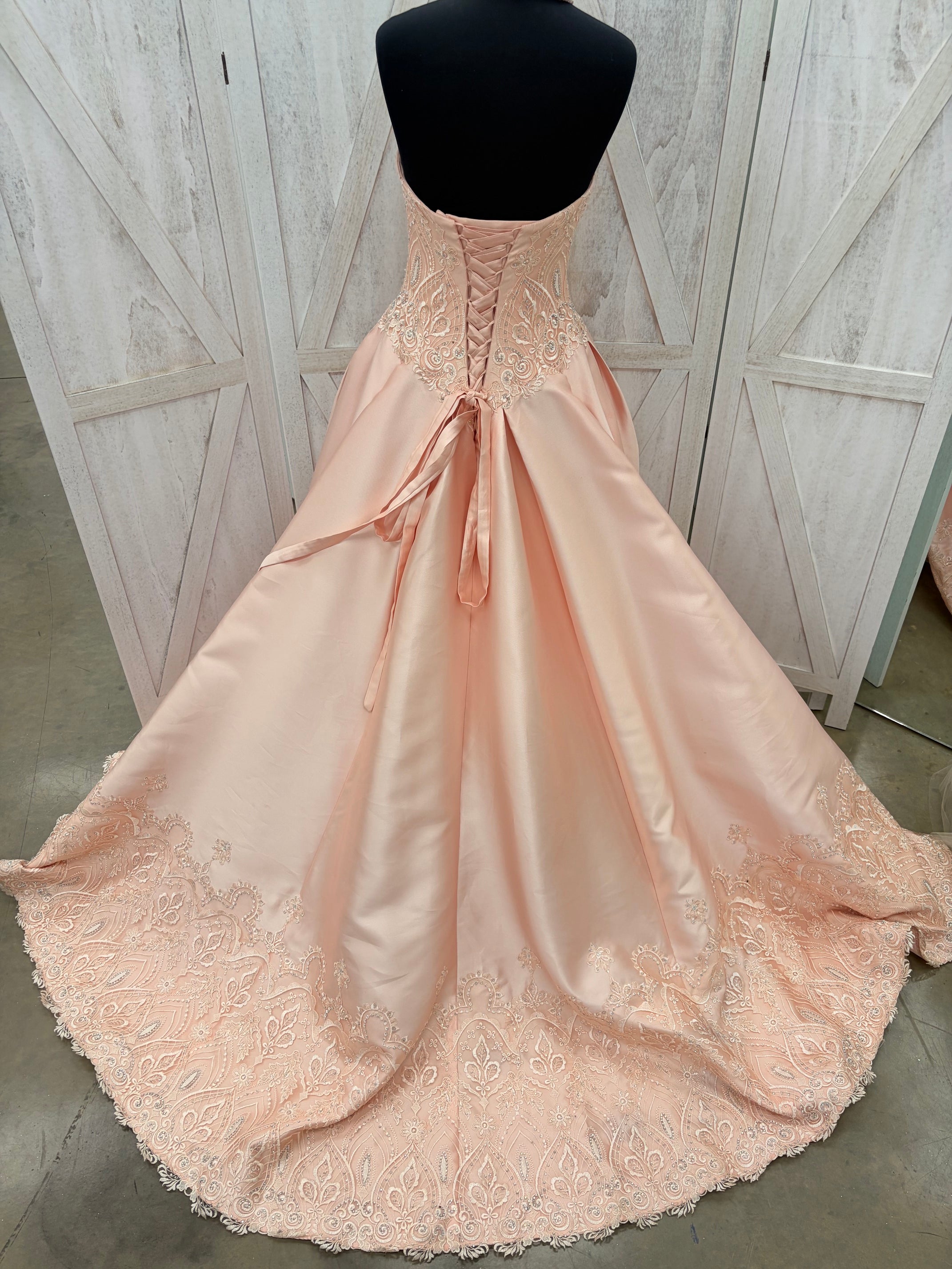 Blush Beaded Halter Quinceañera Ball Gown