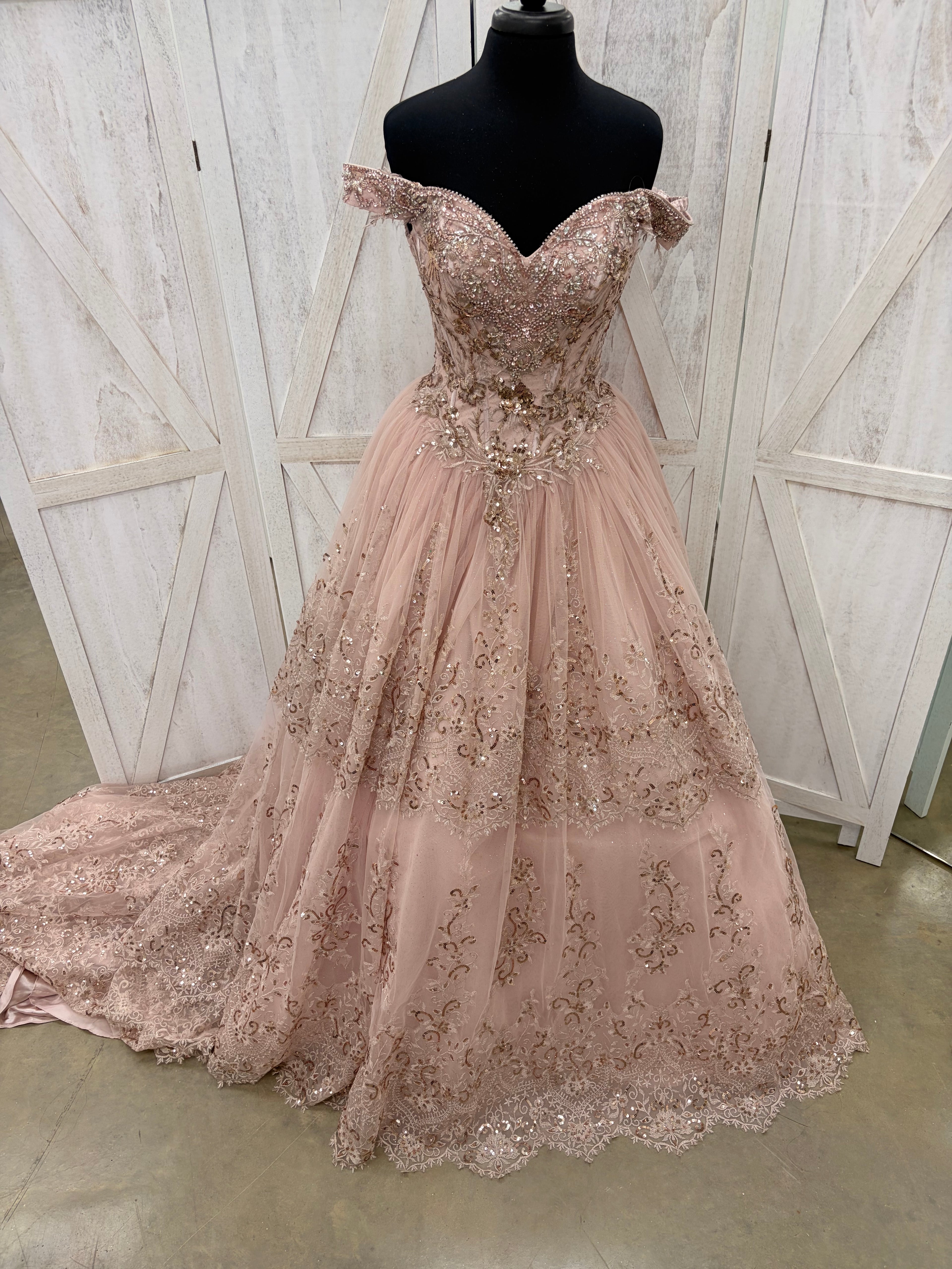 Rose Gold Sequin & Lace Off-Shoulder Ballgown