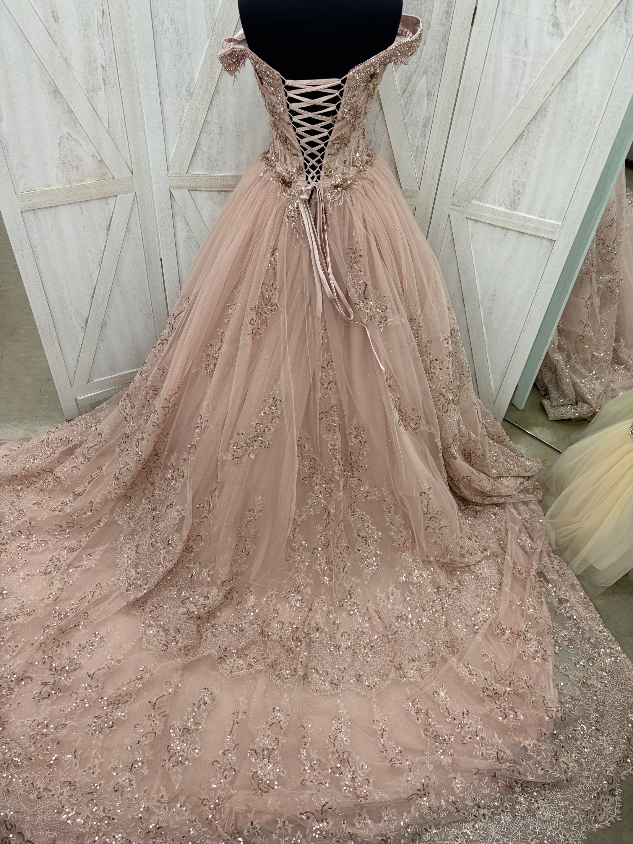Rose Gold Sequin & Lace Off-Shoulder Ballgown