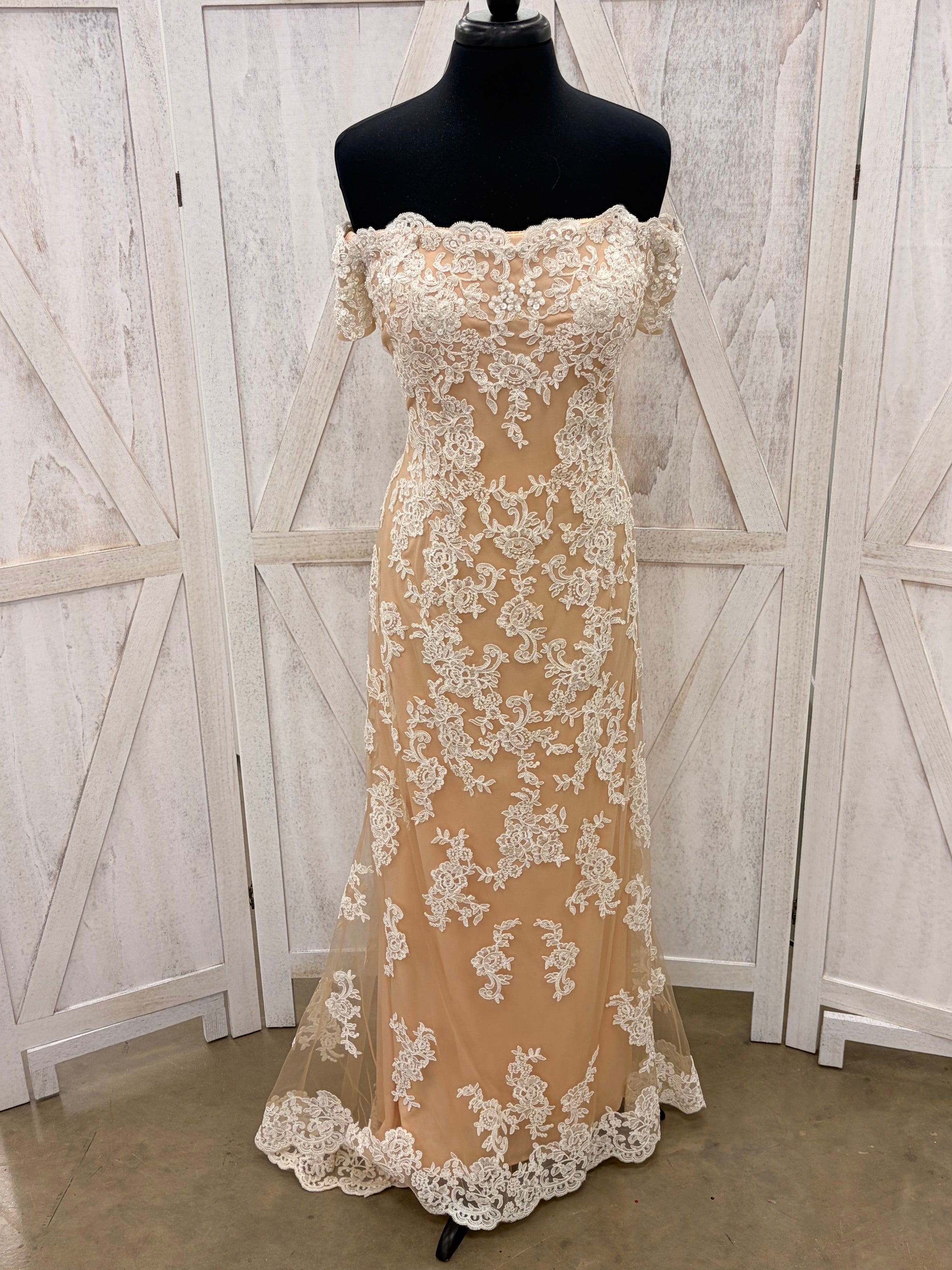 Champagne Floral Lace Off-the-Shoulder Mermaid Gown