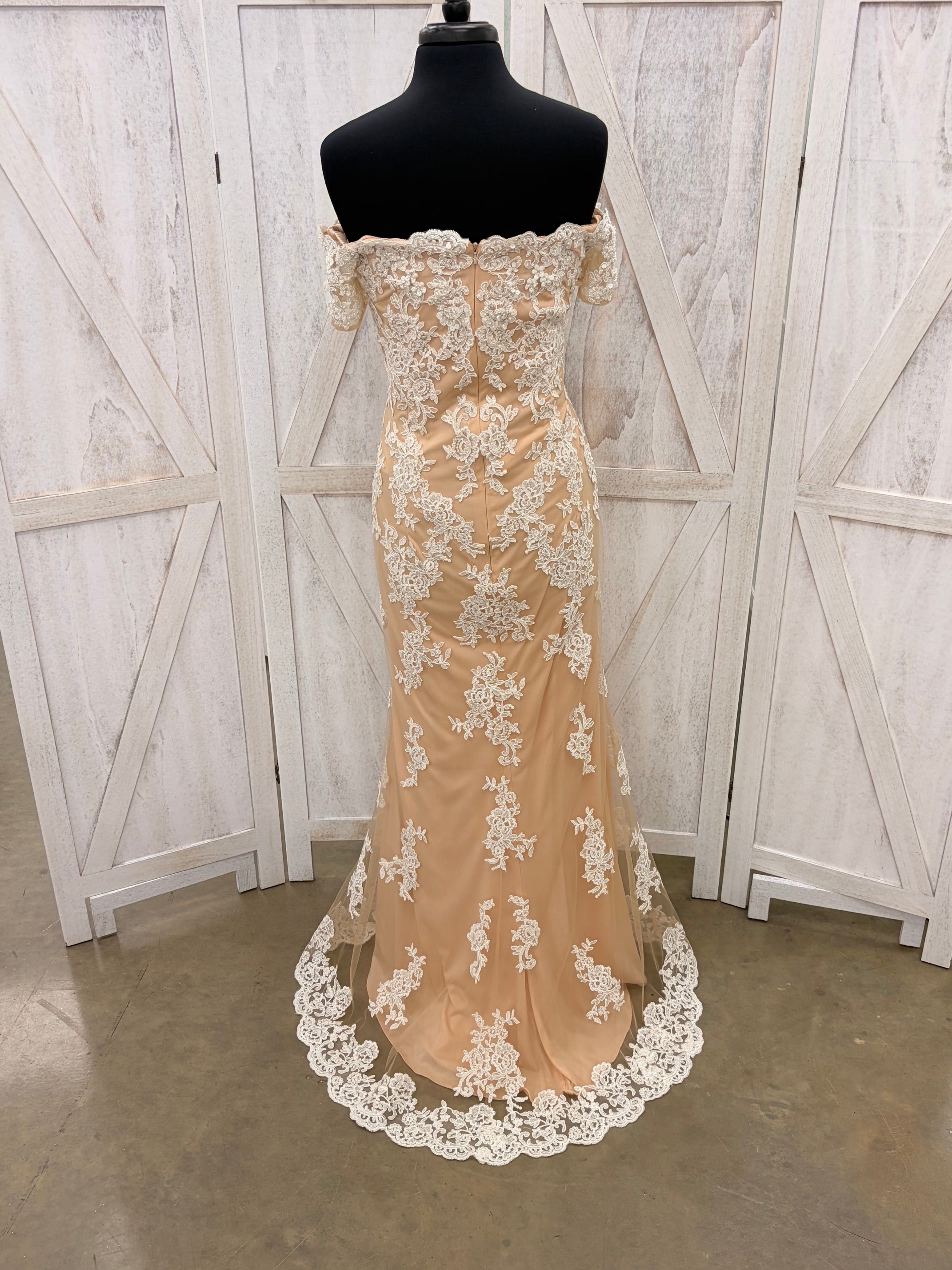 Champagne Floral Lace Off-the-Shoulder Mermaid Gown