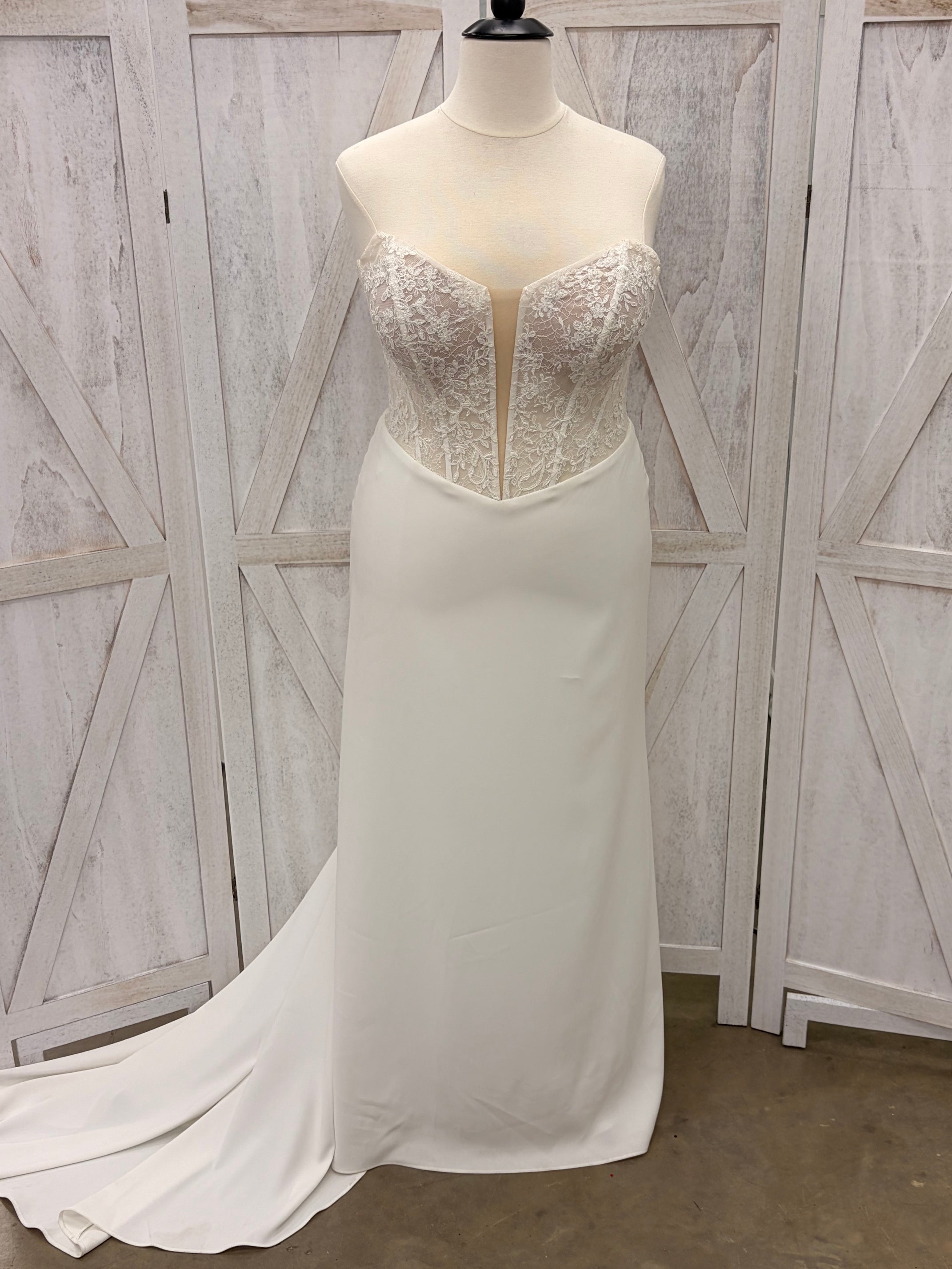 Ivory Strapless Lace Bodice Crepe Mermaid Wedding Gown