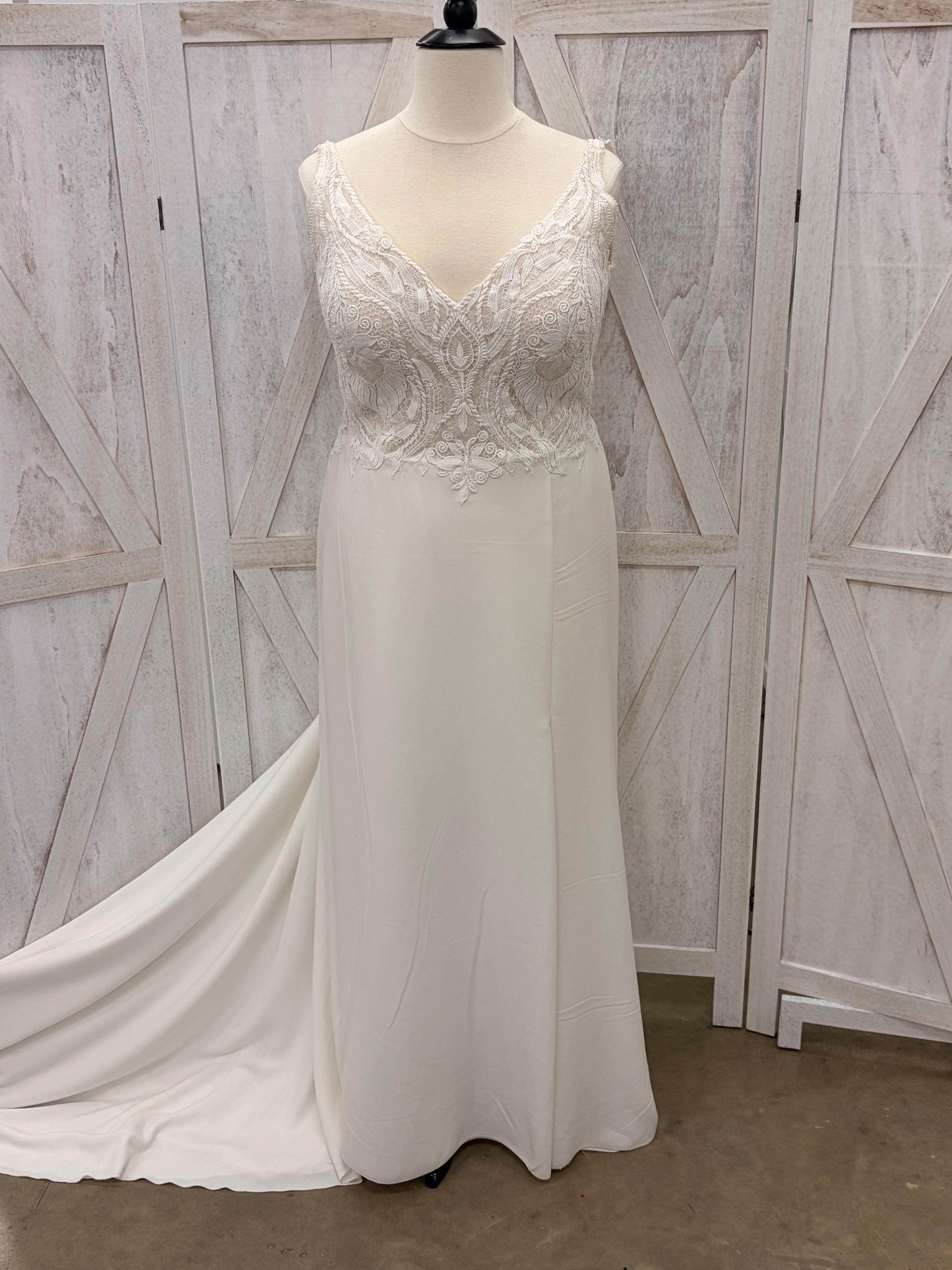 V-Neck Lace Bodice Crepe Gown with Low Back & Cathedral Train