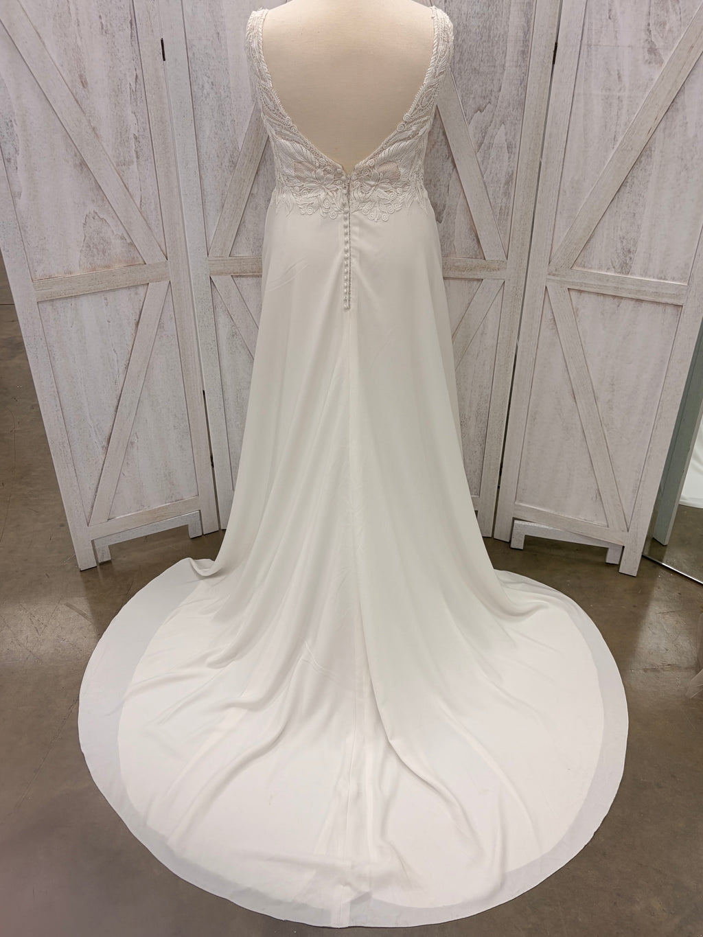 V-Neck Lace Bodice Crepe Gown with Low Back & Cathedral Train