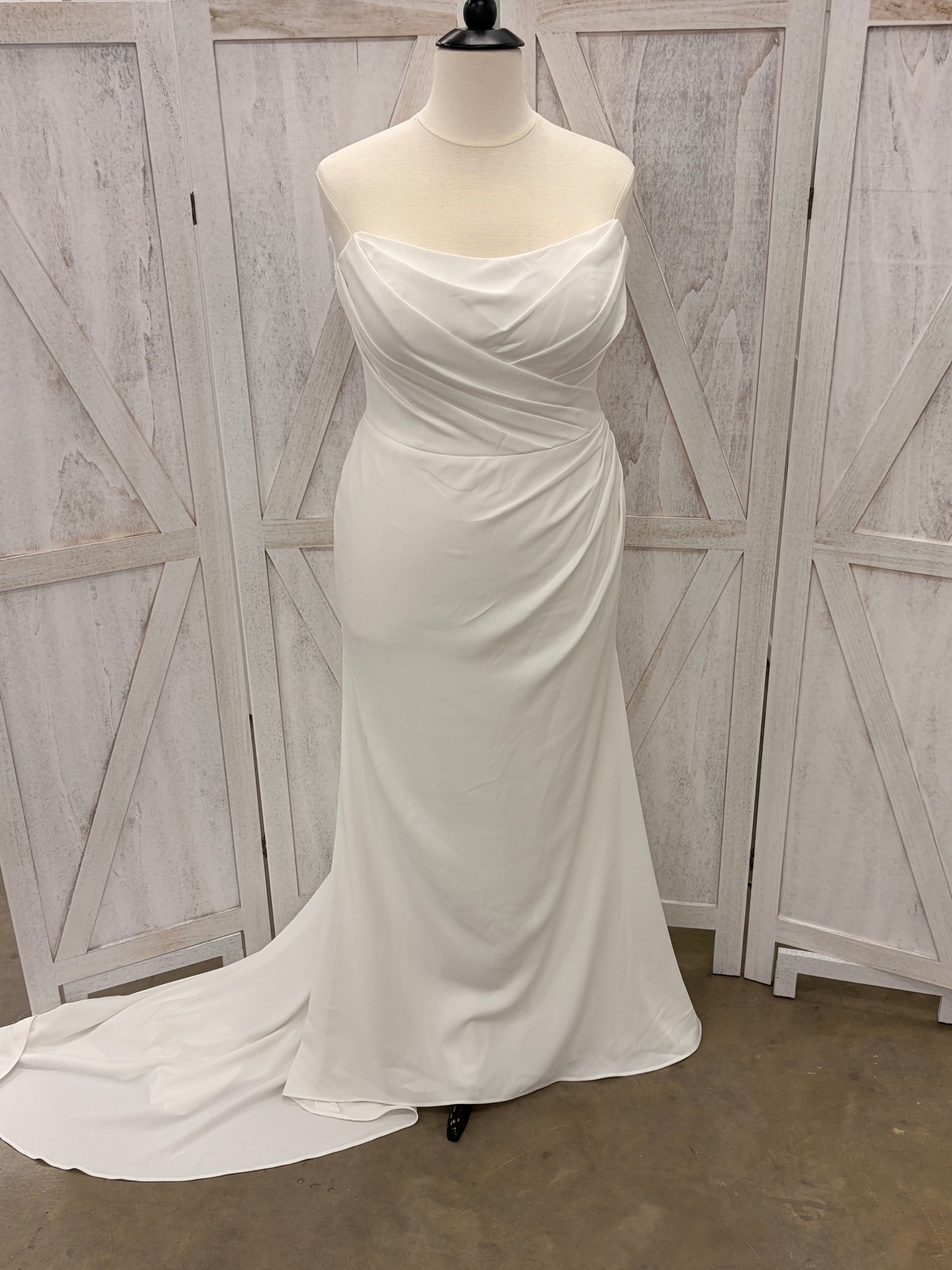 Ivory Strapless Draped Cowl Neck Crepe Mermaid Wedding Gown