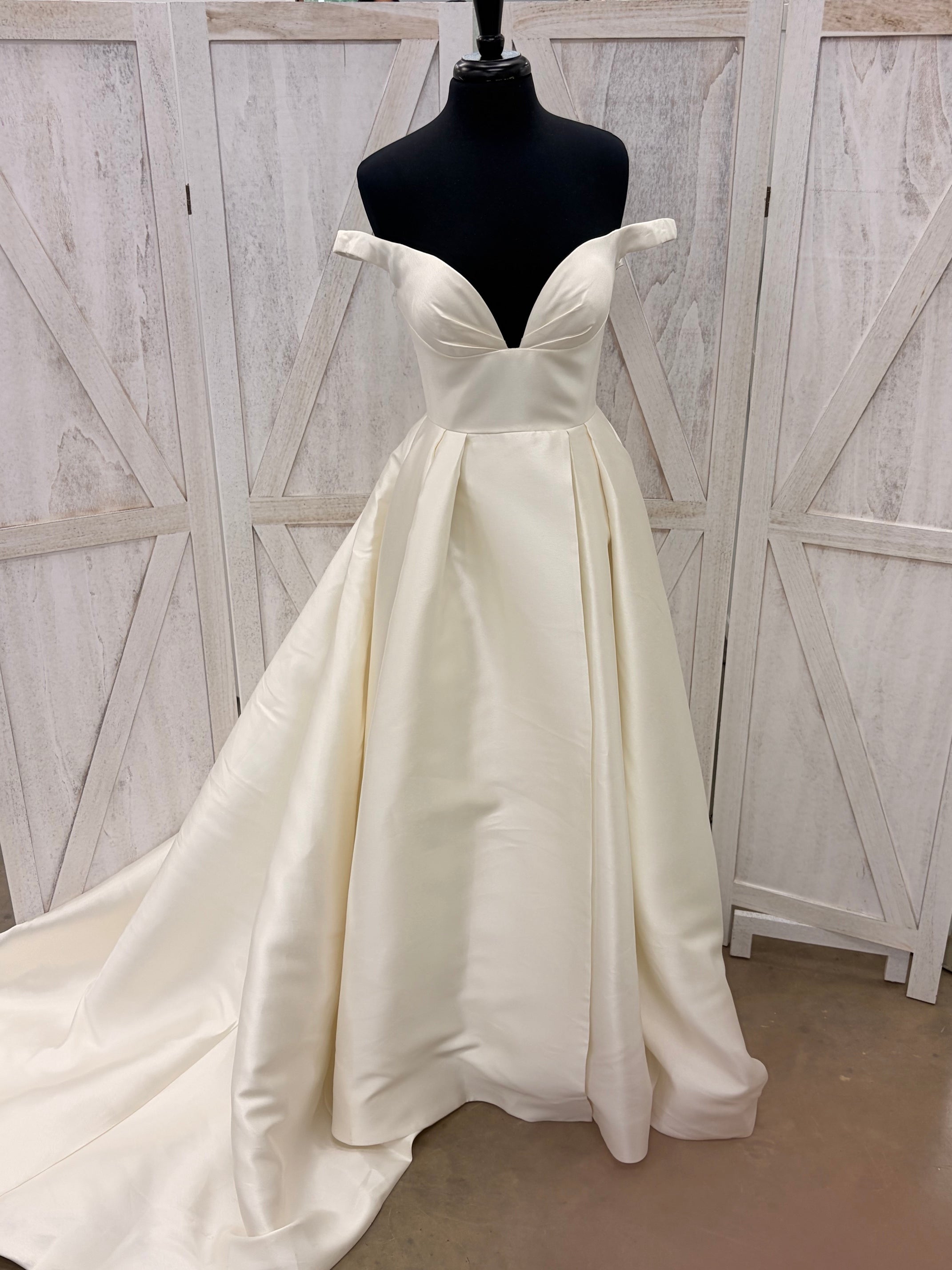 Ivory Off-the-Shoulder Satin Ball Gown Wedding Dress