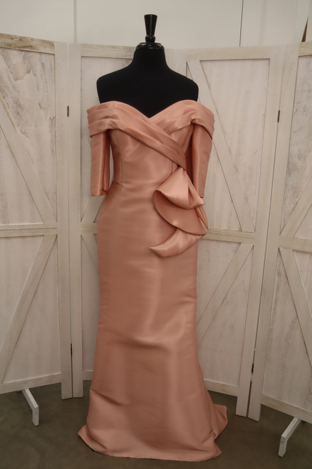 Ashley Lauren Rose Gold Satin Off-the-Shoulder Mermaid Gown – Size 12