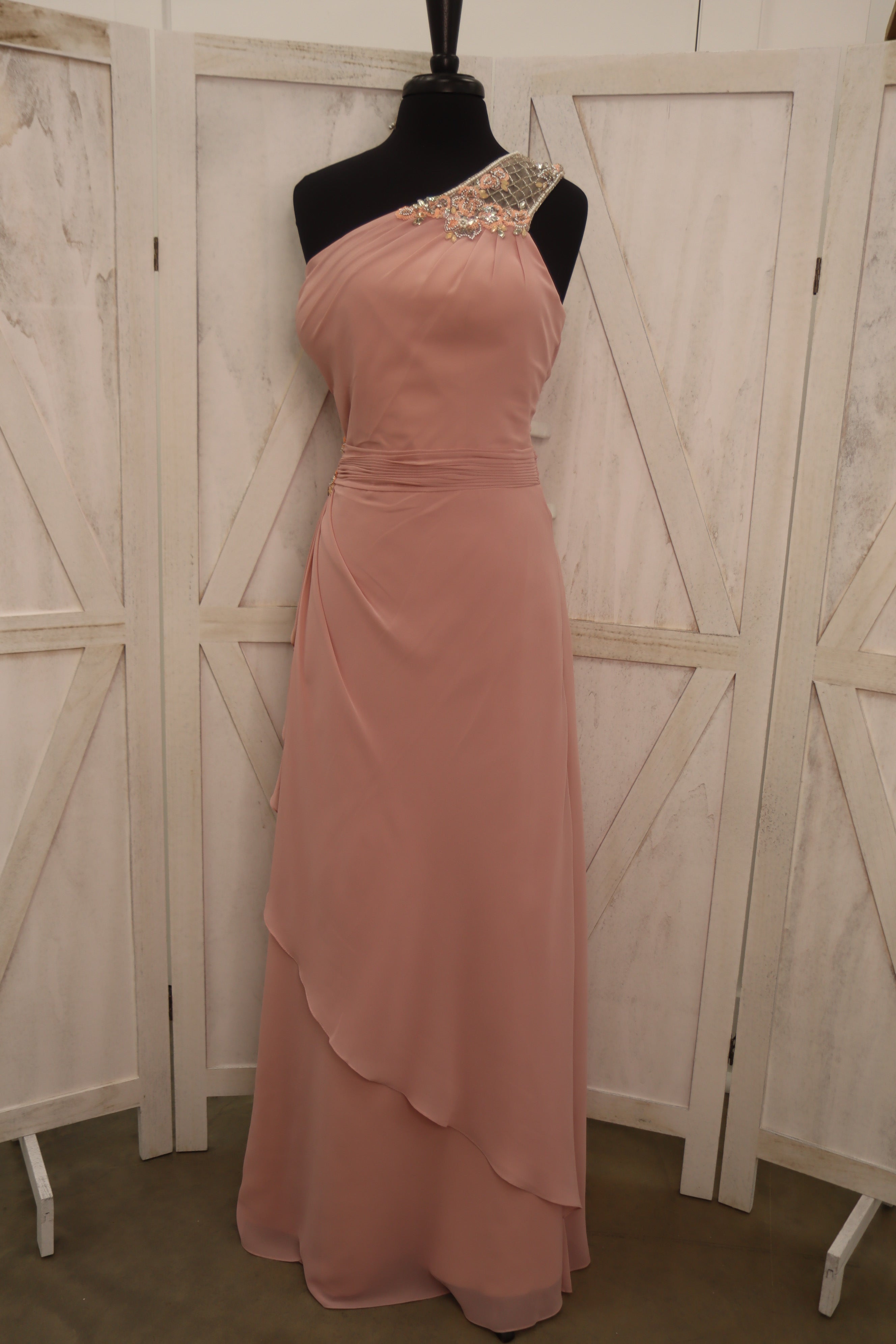 Blush One-Shoulder Beaded Chiffon Gown