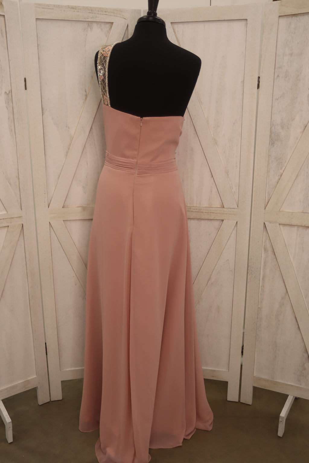 Blush One-Shoulder Beaded Chiffon Gown