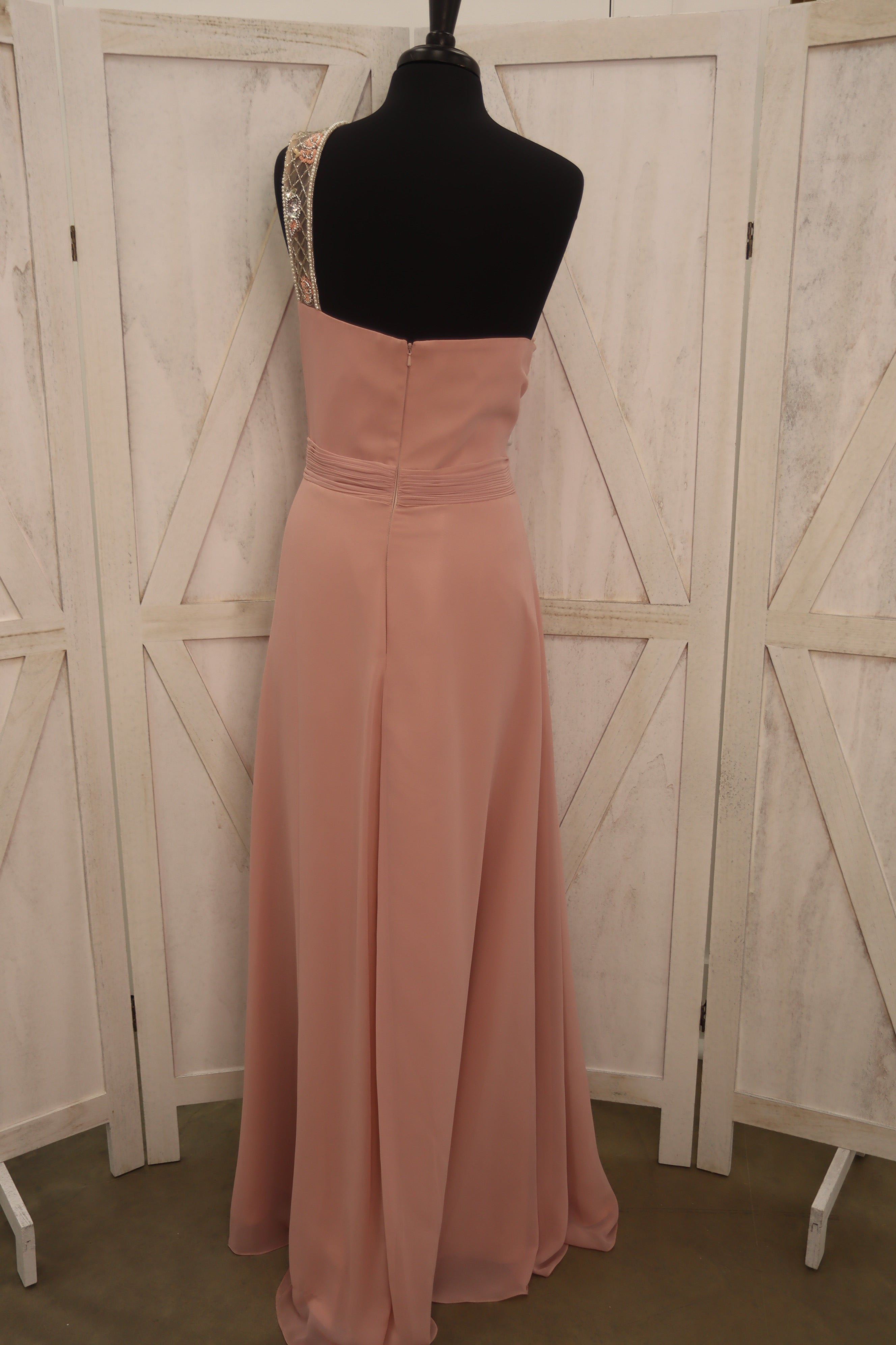 Blush One-Shoulder Beaded Chiffon Gown