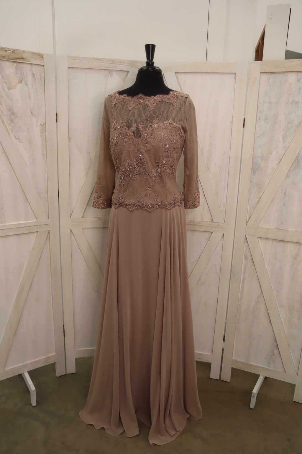Taupe Beaded Lace Long Sleeve Chiffon Gown