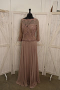 Taupe Beaded Lace Long Sleeve Chiffon Gown