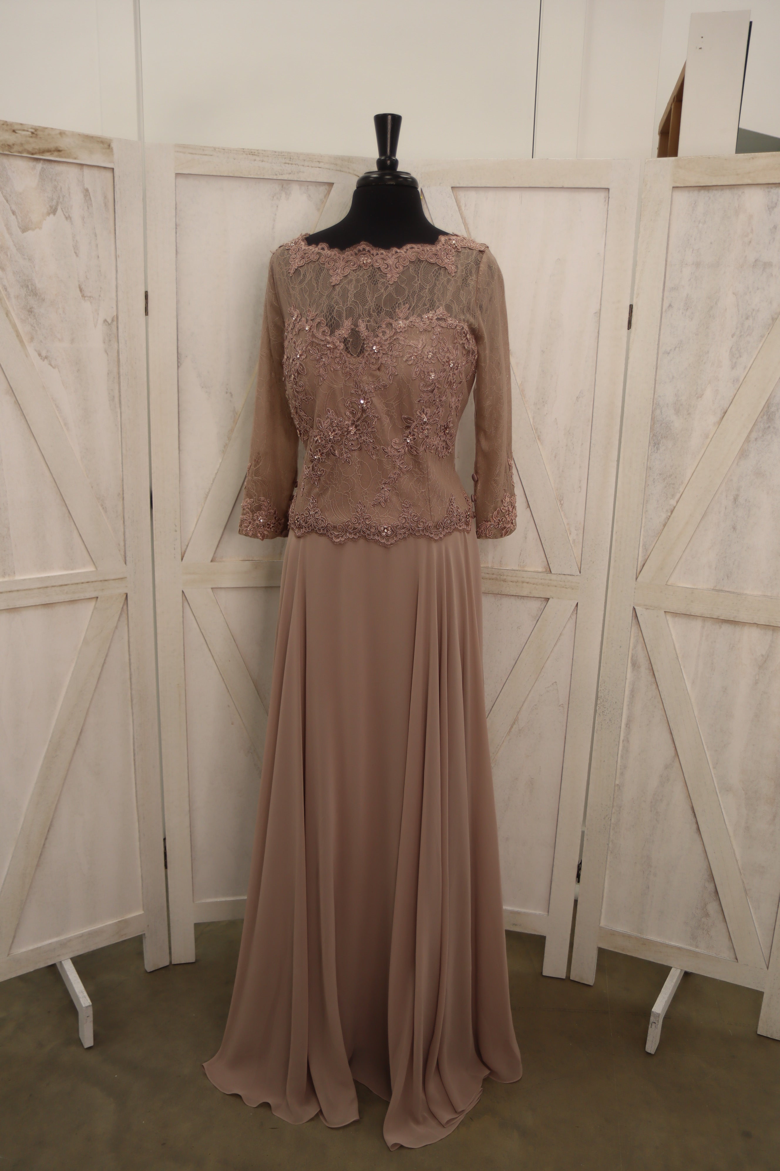 Taupe Beaded Lace Long Sleeve Chiffon Gown