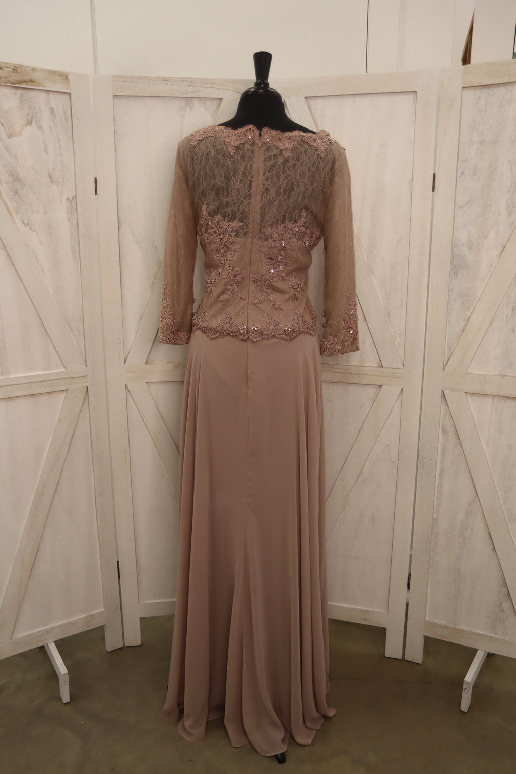 Taupe Beaded Lace Long Sleeve Chiffon Gown