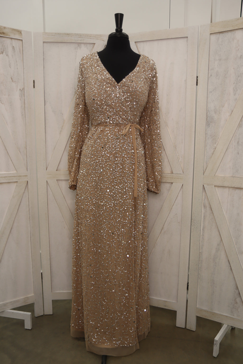 Gold Sequin Long Sleeve Wrap Mother of the Bride Gown