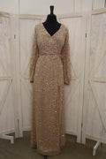 Gold Sequin Long Sleeve Wrap Mother of the Bride Gown
