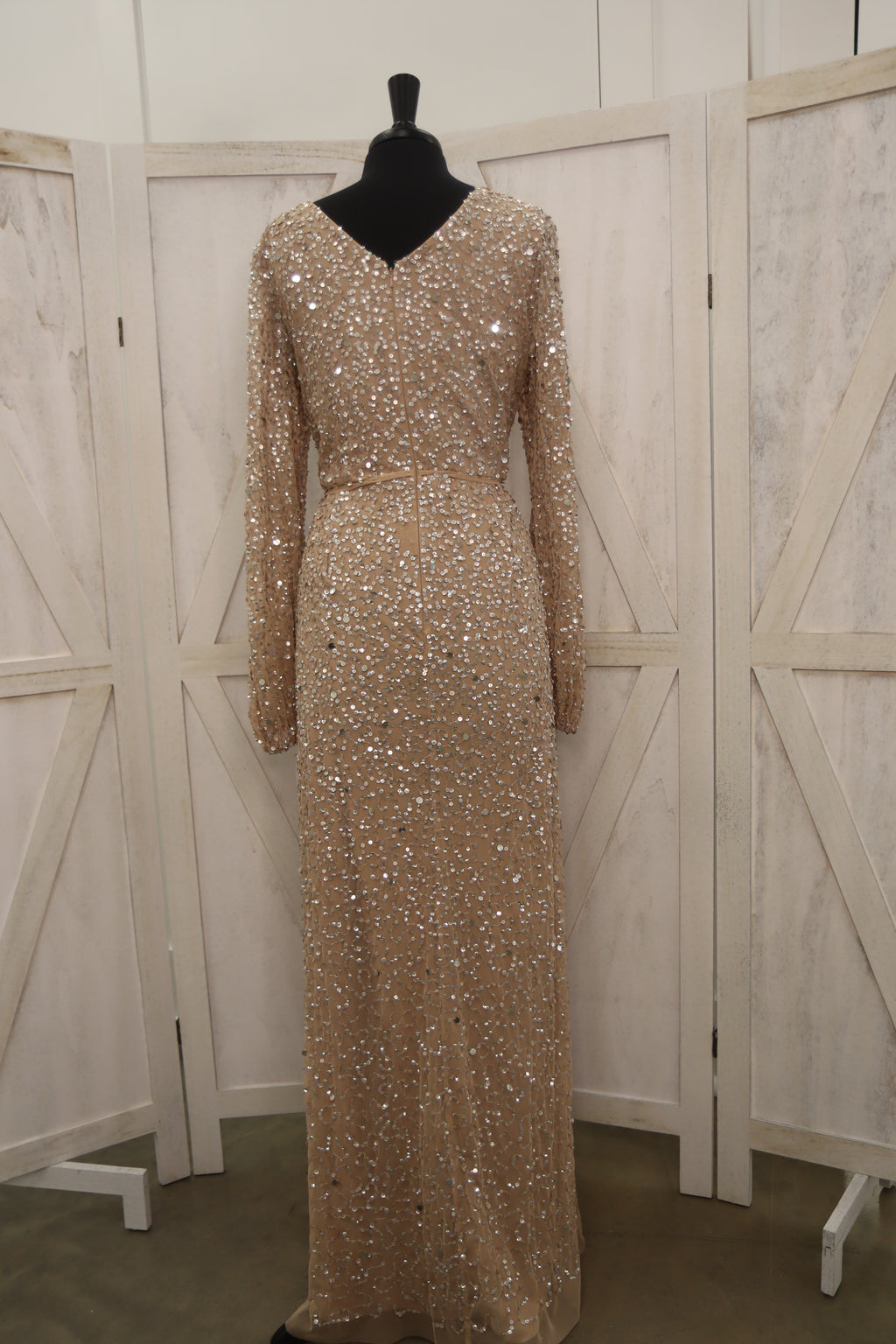 Gold Sequin Long Sleeve Wrap Mother of the Bride Gown