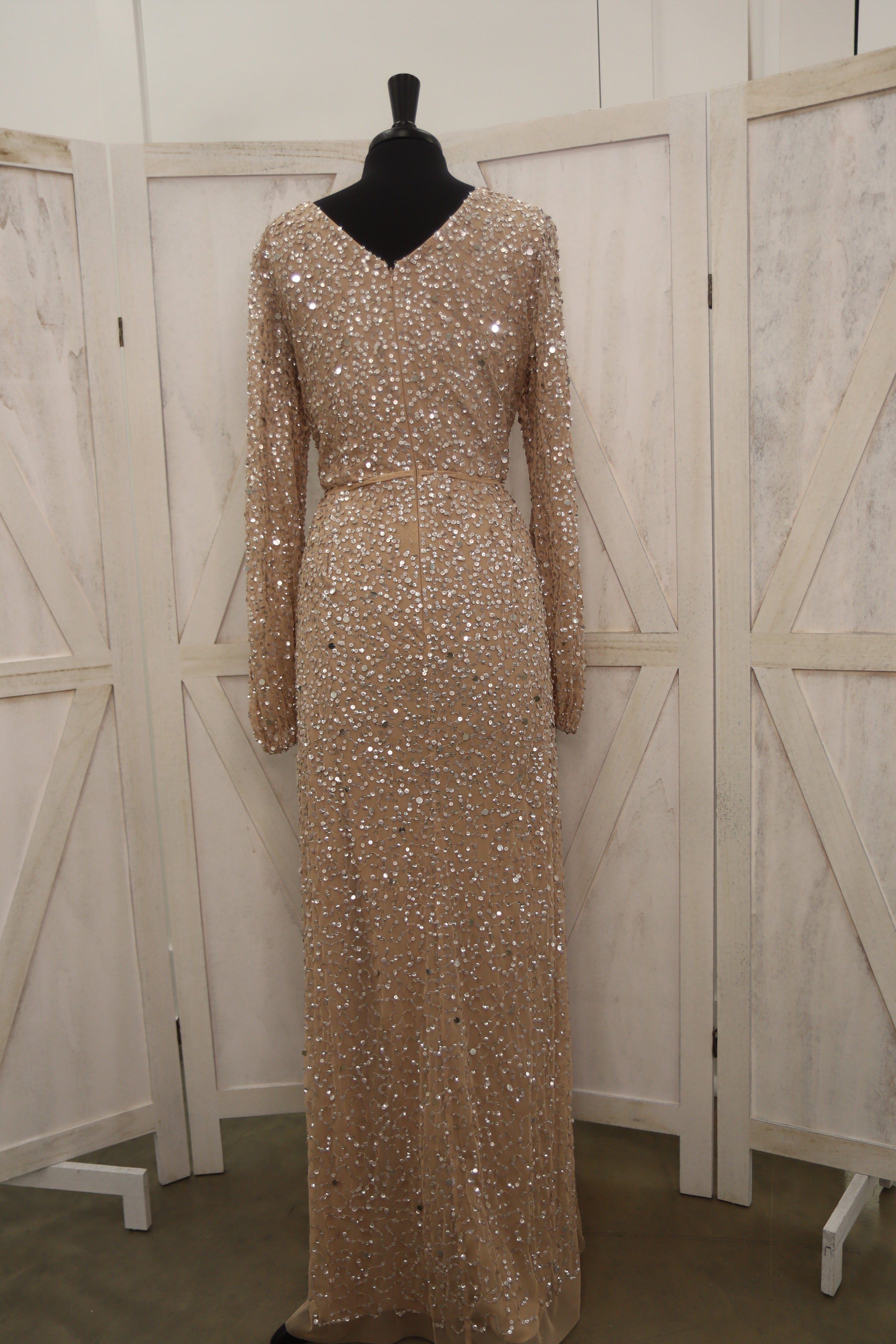 Gold Sequin Long Sleeve Wrap Mother of the Bride Gown