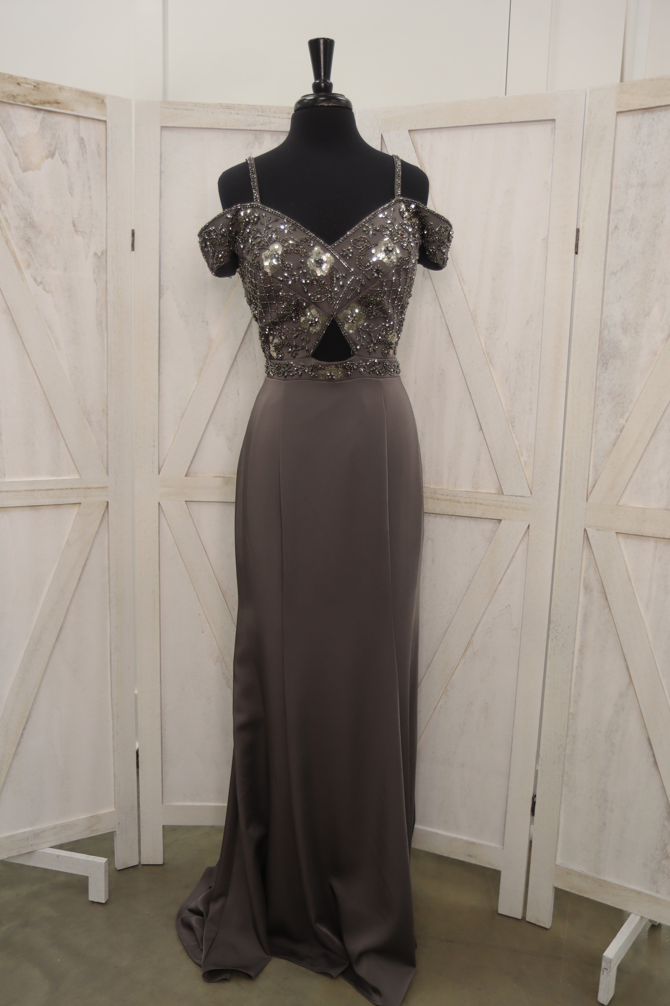 Gunmetal Beaded Cold-Shoulder Satin Mermaid Mother of the Bride Gown