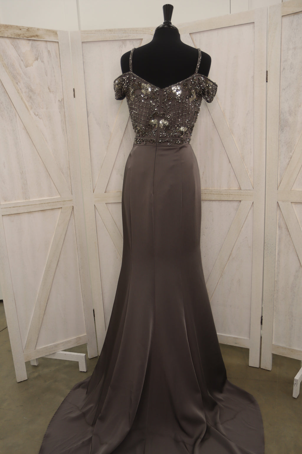Gunmetal Beaded Cold-Shoulder Satin Mermaid Mother of the Bride Gown