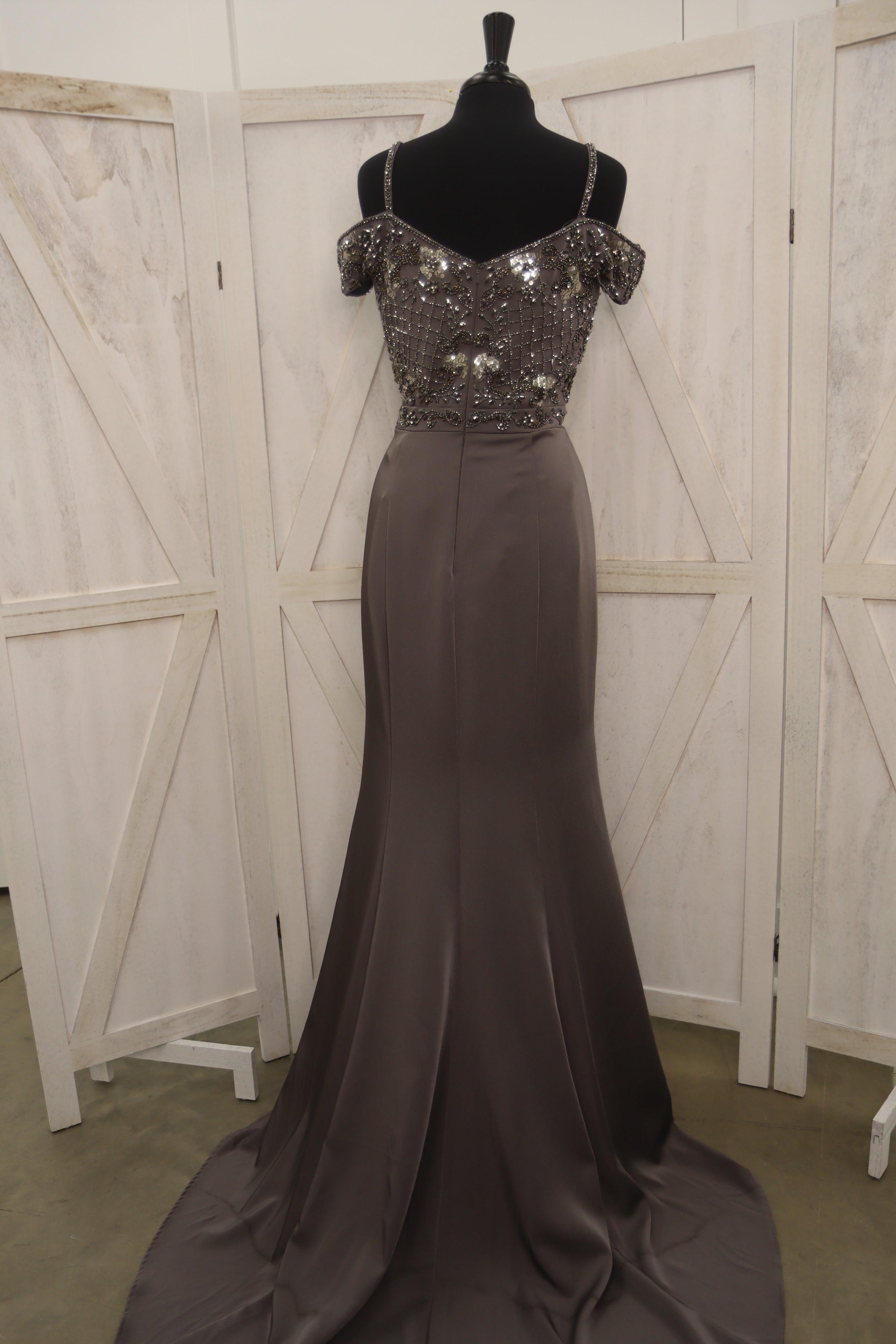 Gunmetal Beaded Cold-Shoulder Satin Mermaid Mother of the Bride Gown