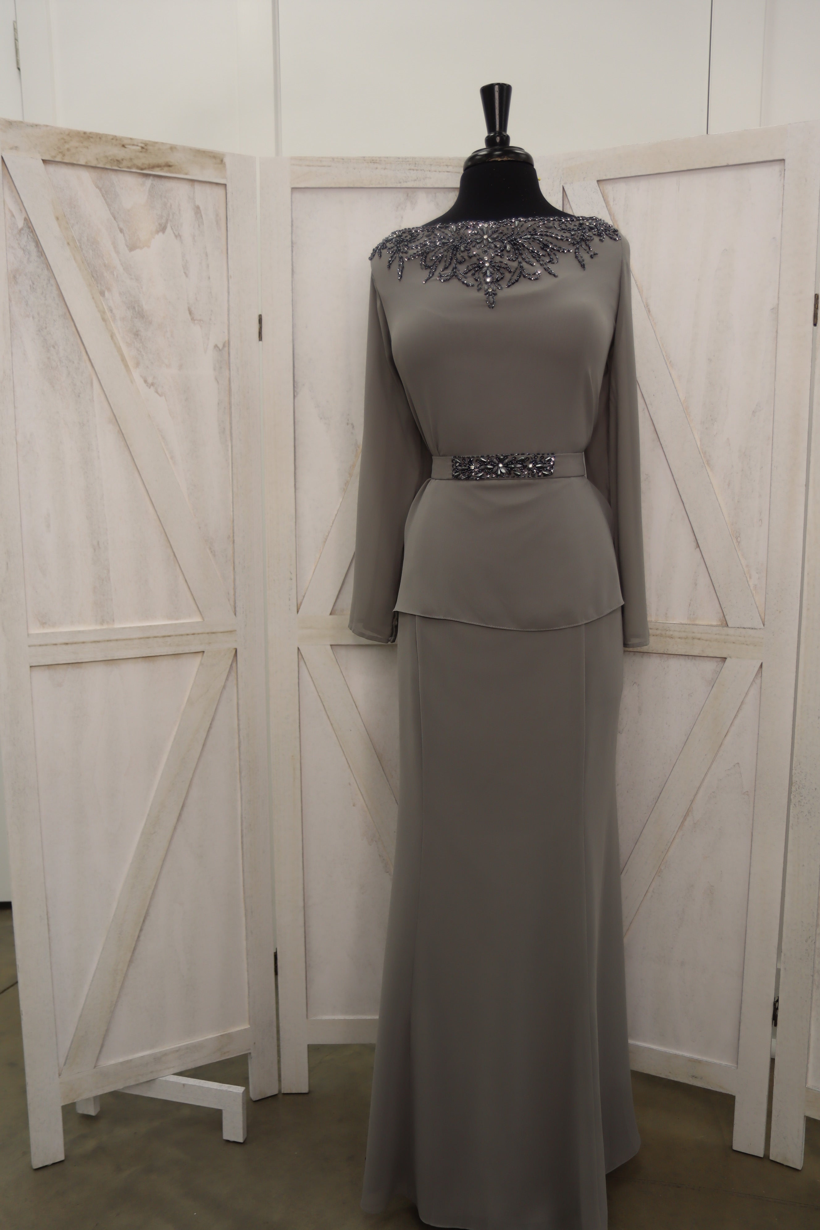 Grey Beaded Jewel Neck Long Sleeve Peplum Two-Piece Mother of the Bride Gown