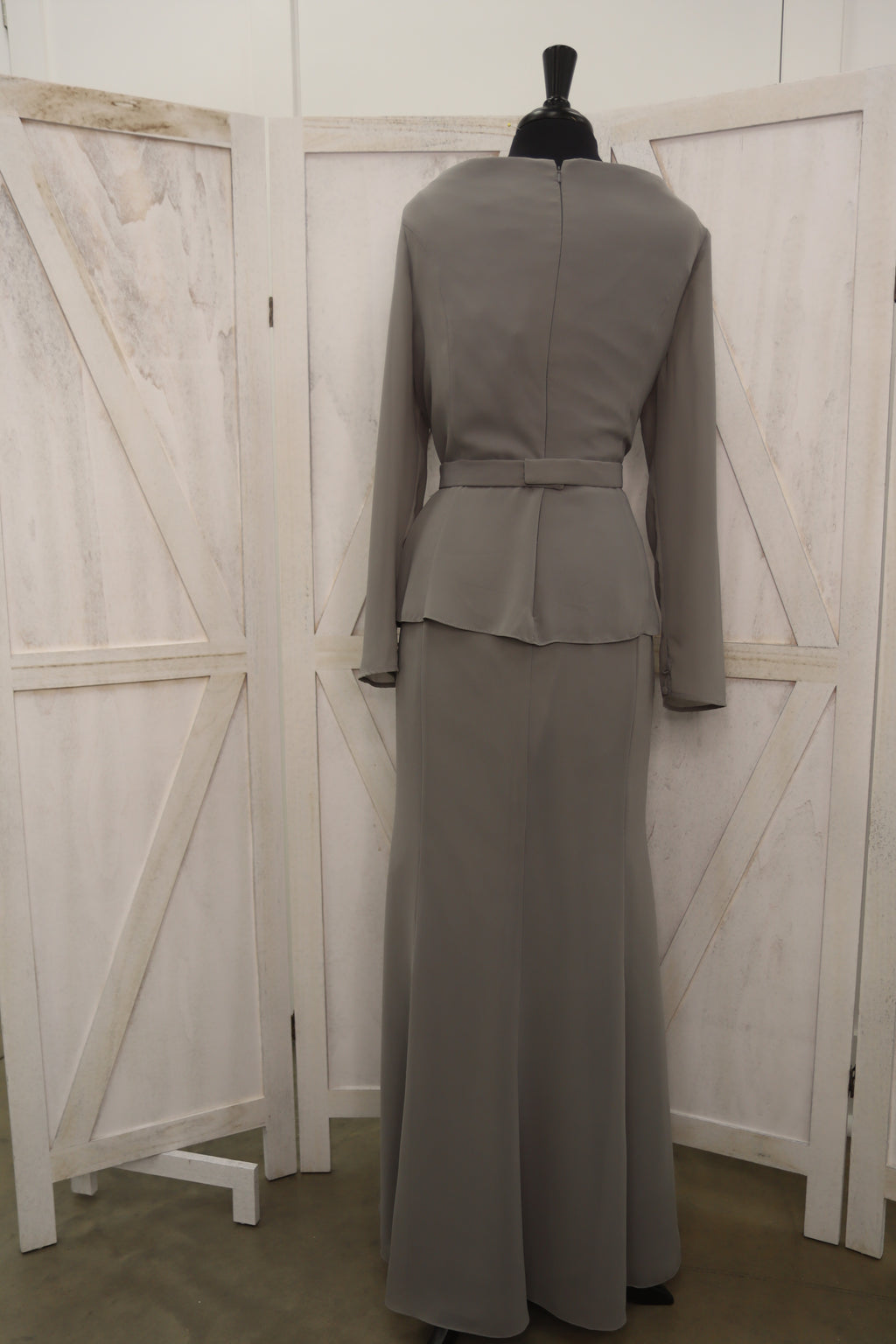 Grey Beaded Jewel Neck Long Sleeve Peplum Two-Piece Mother of the Bride Gown