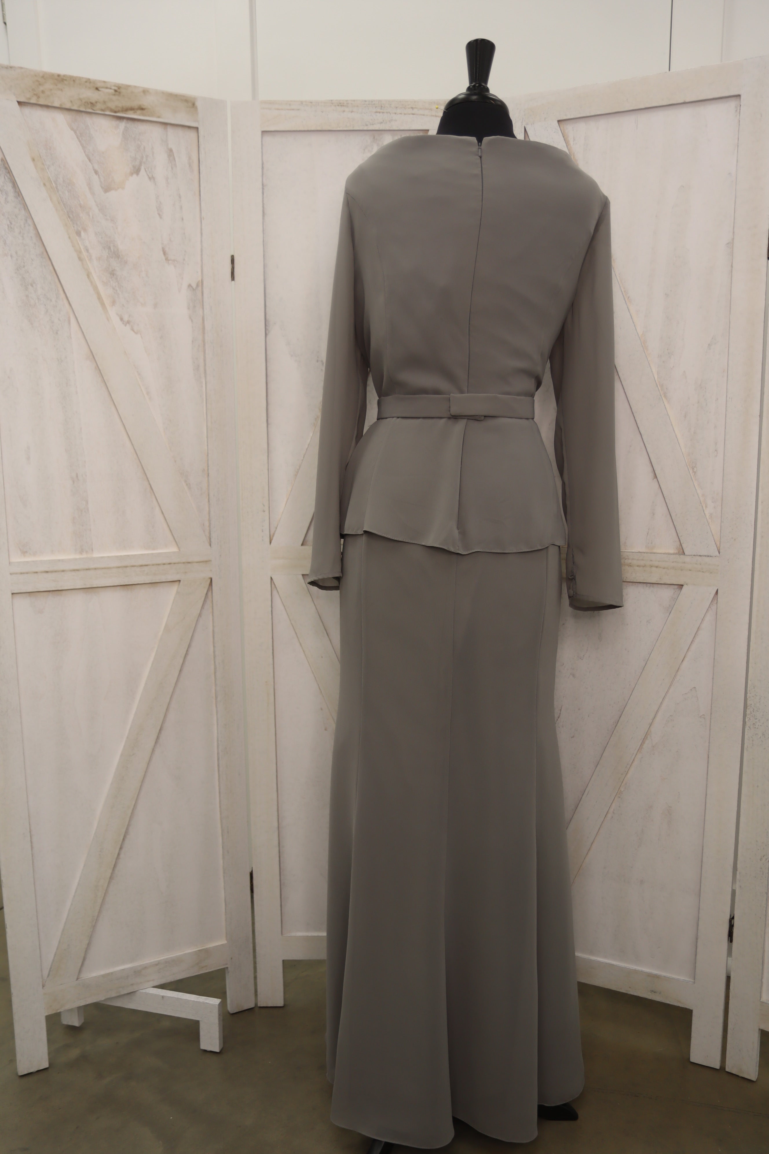 Grey Beaded Jewel Neck Long Sleeve Peplum Two-Piece Mother of the Bride Gown