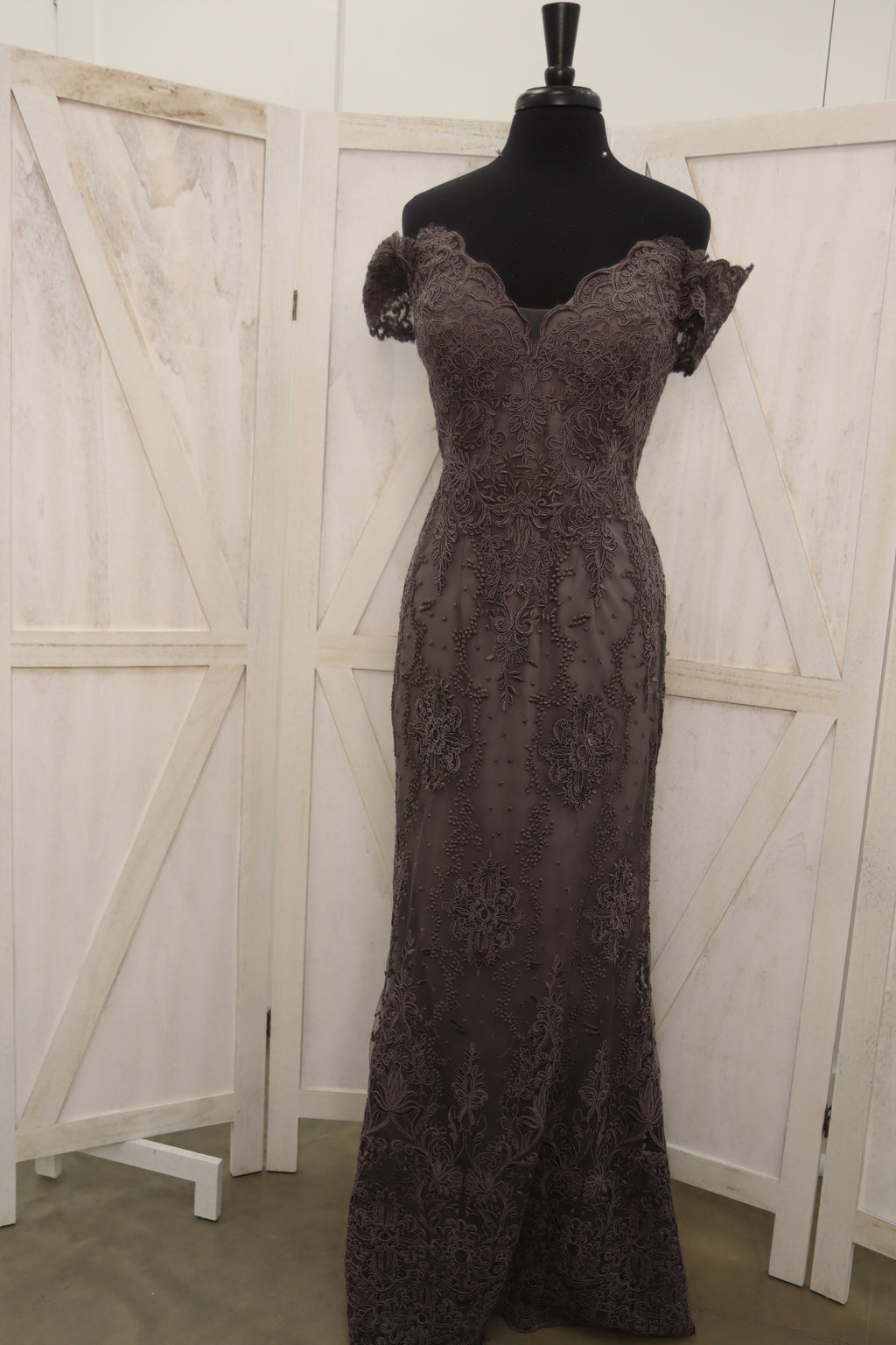 Mocha Beaded Lace Off-the-Shoulder Mermaid Mother of the Bride Gown