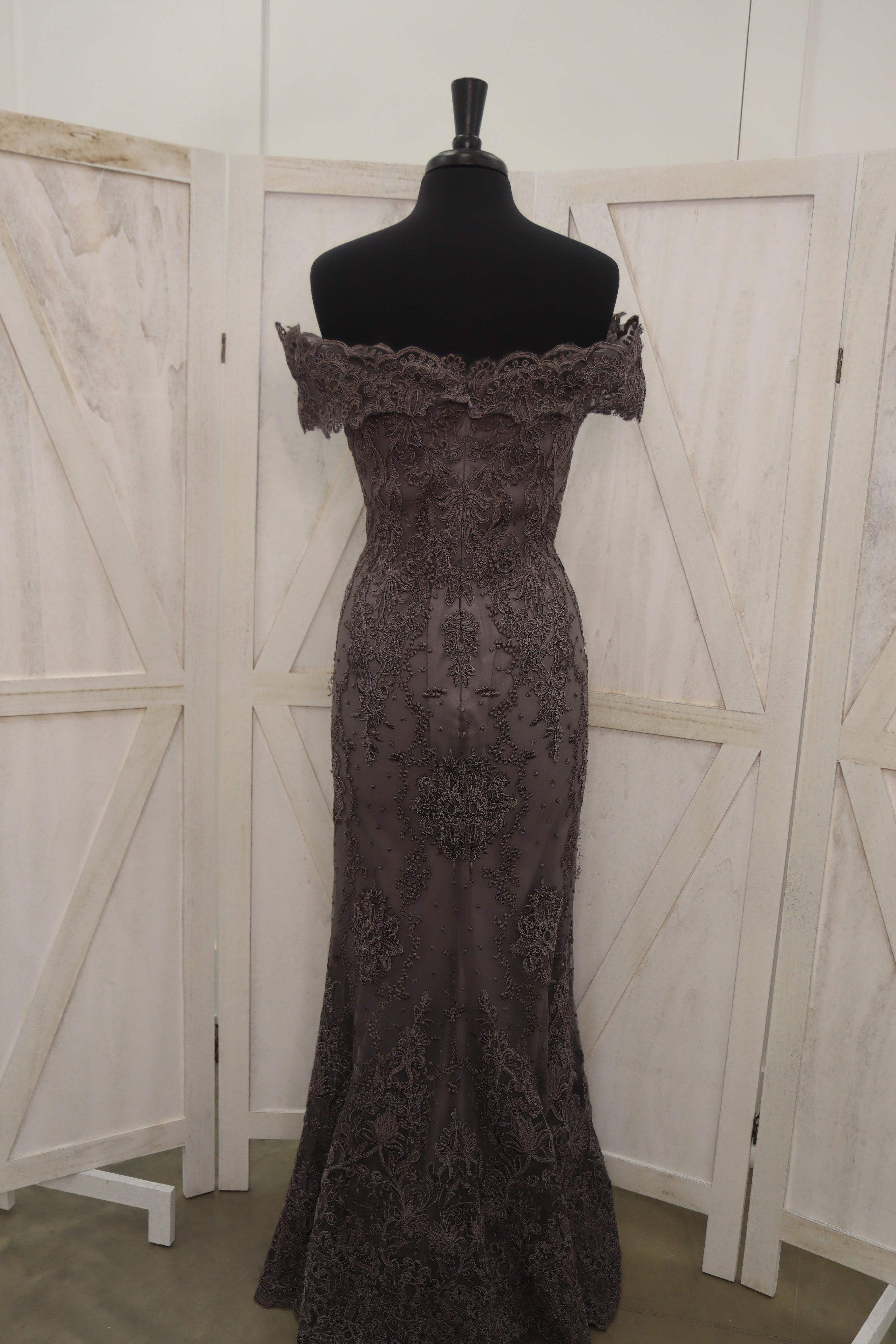 Mocha Beaded Lace Off-the-Shoulder Mermaid Mother of the Bride Gown