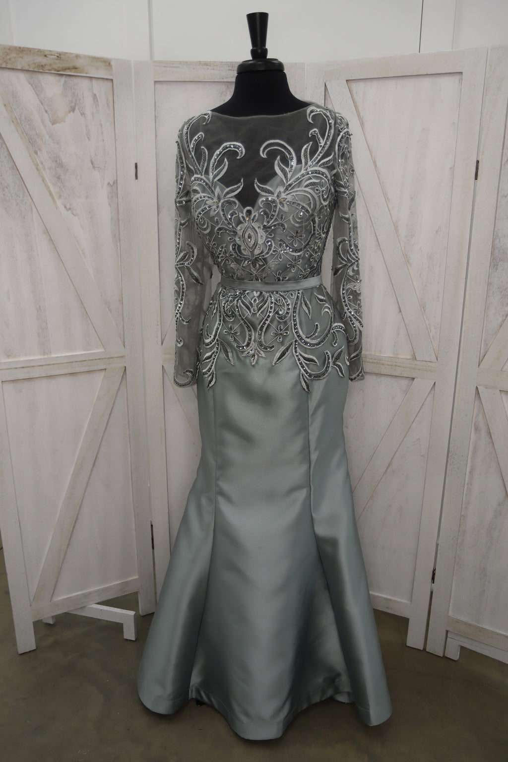 Silver Beaded Illusion Long Sleeve Taffeta Mermaid Mother of the Bride Gown