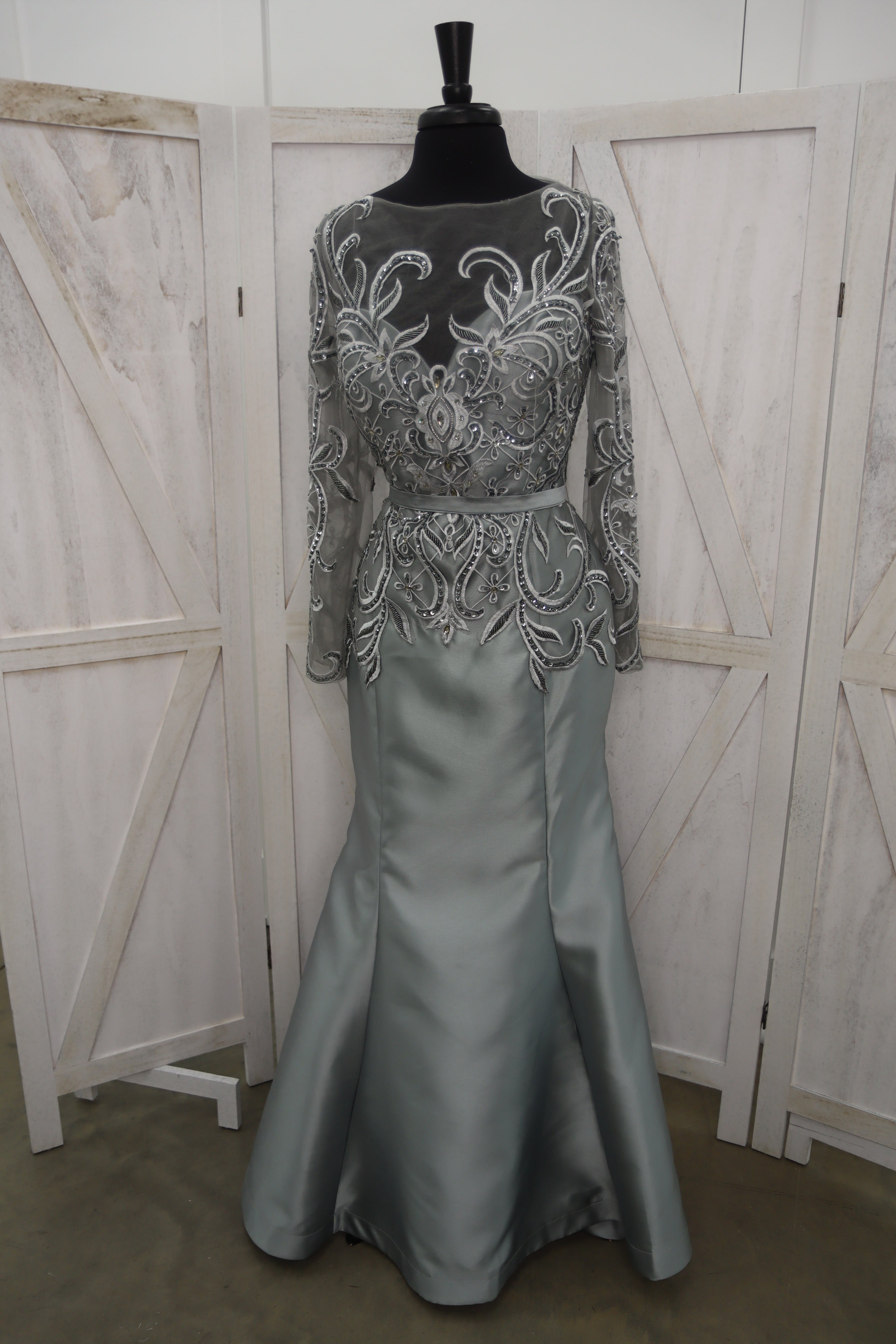 Silver Beaded Illusion Long Sleeve Taffeta Mermaid Mother of the Bride Gown