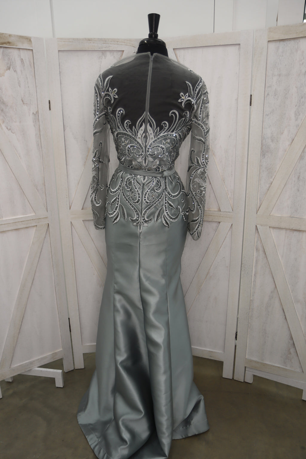 Silver Beaded Illusion Long Sleeve Taffeta Mermaid Mother of the Bride Gown
