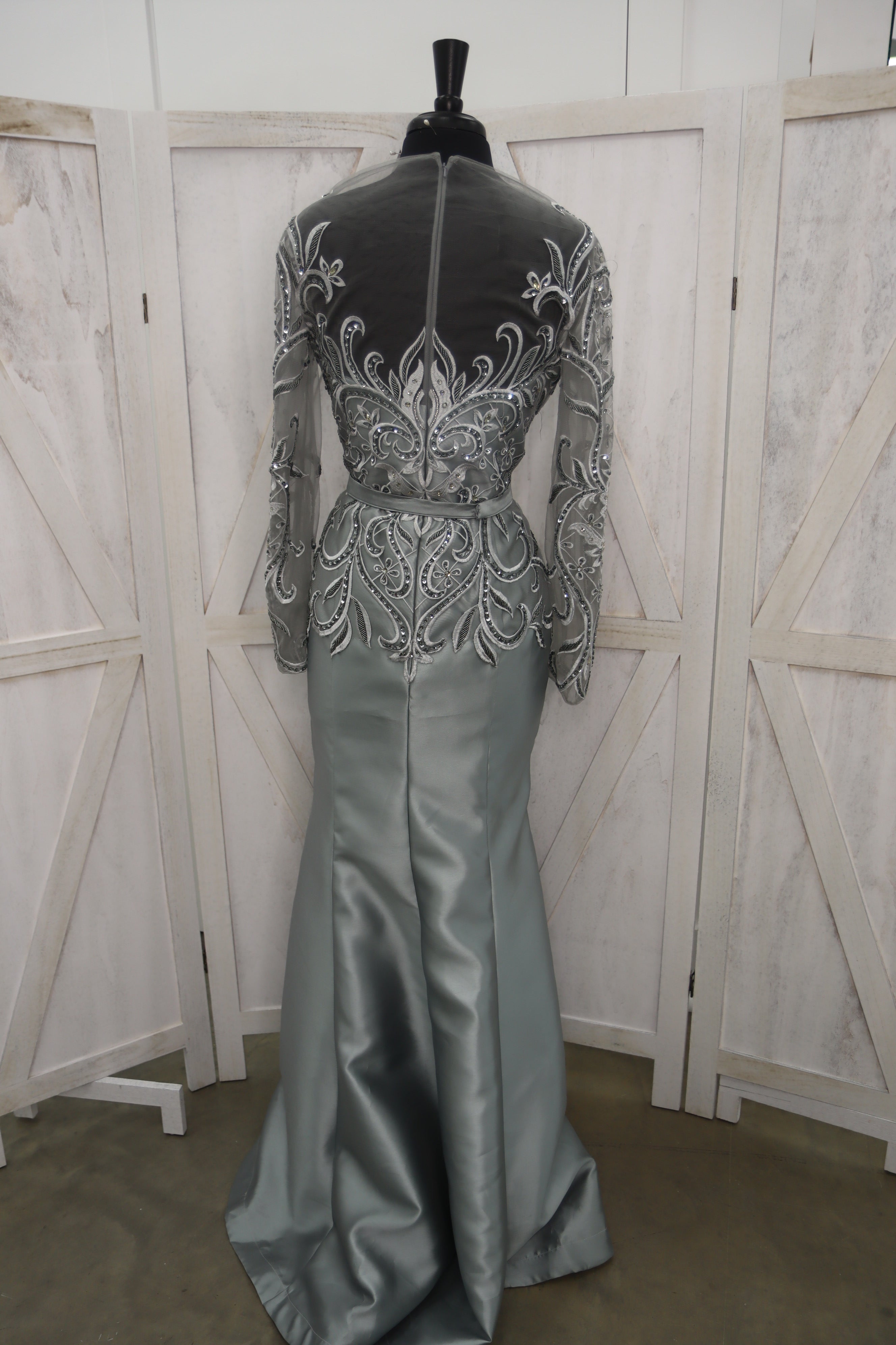 Silver Beaded Illusion Long Sleeve Taffeta Mermaid Mother of the Bride Gown