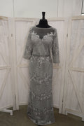 Silver Floral Lace Illusion Scoop Neck 3/4 Sleeve Column Mother of the Bride Gown
