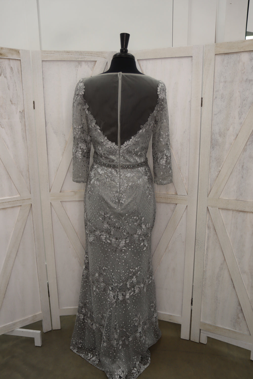 Silver Floral Lace Illusion Scoop Neck 3/4 Sleeve Column Mother of the Bride Gown