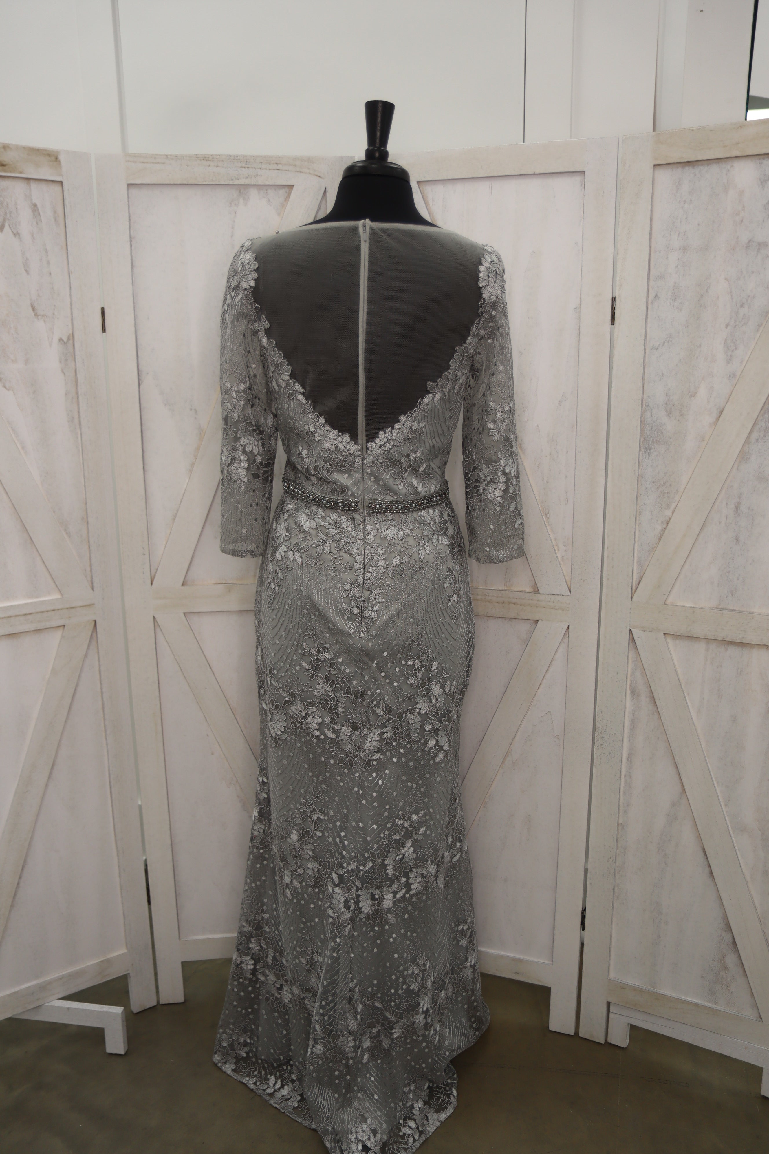 Silver Floral Lace Illusion Scoop Neck 3/4 Sleeve Column Mother of the Bride Gown