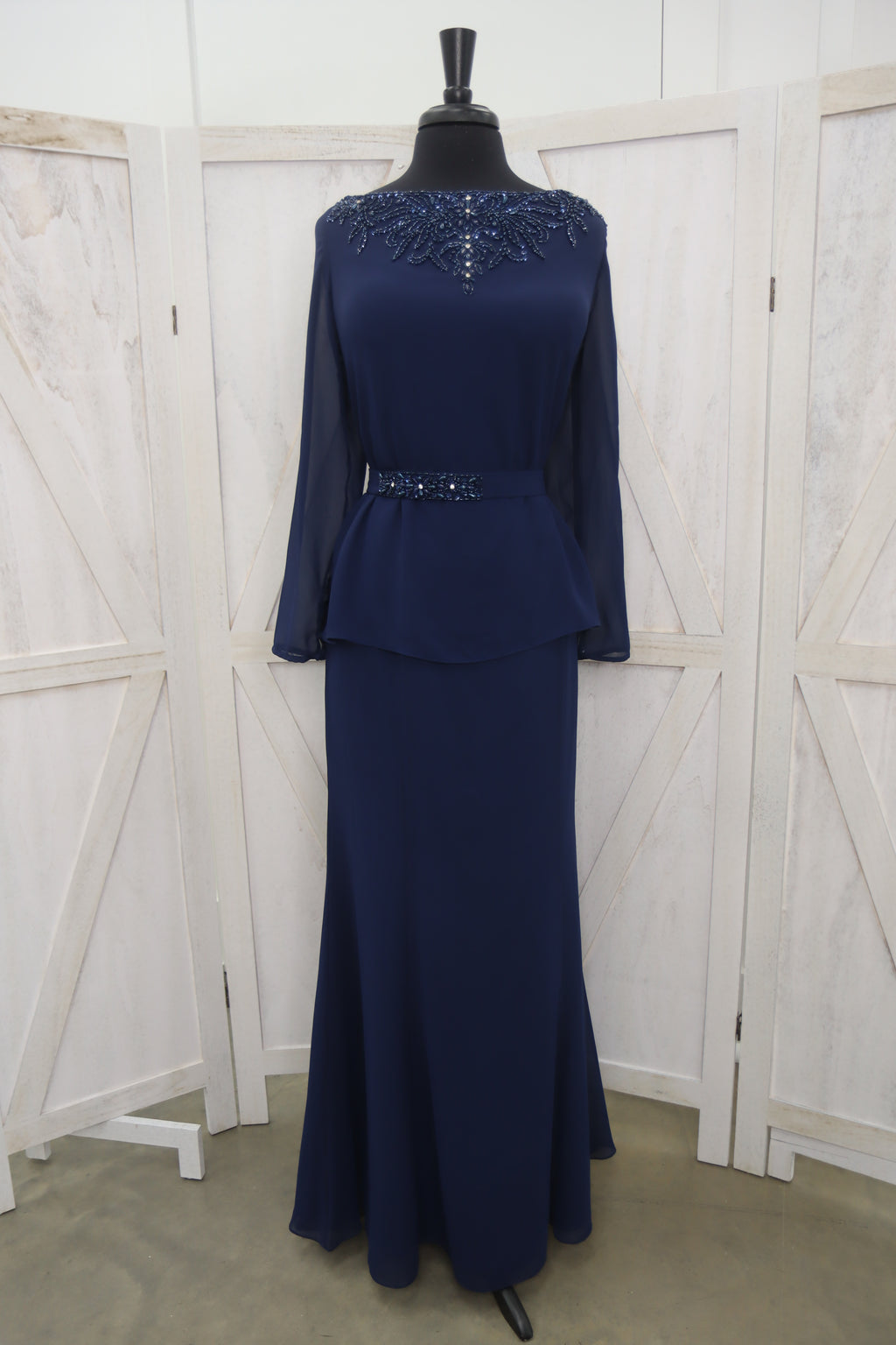 Navy Beaded Jewel Neck Long Sleeve Peplum Two-Piece Mother of the Bride Gown