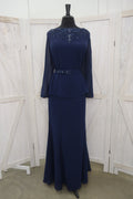 Navy Beaded Jewel Neck Long Sleeve Peplum Two-Piece Mother of the Bride Gown