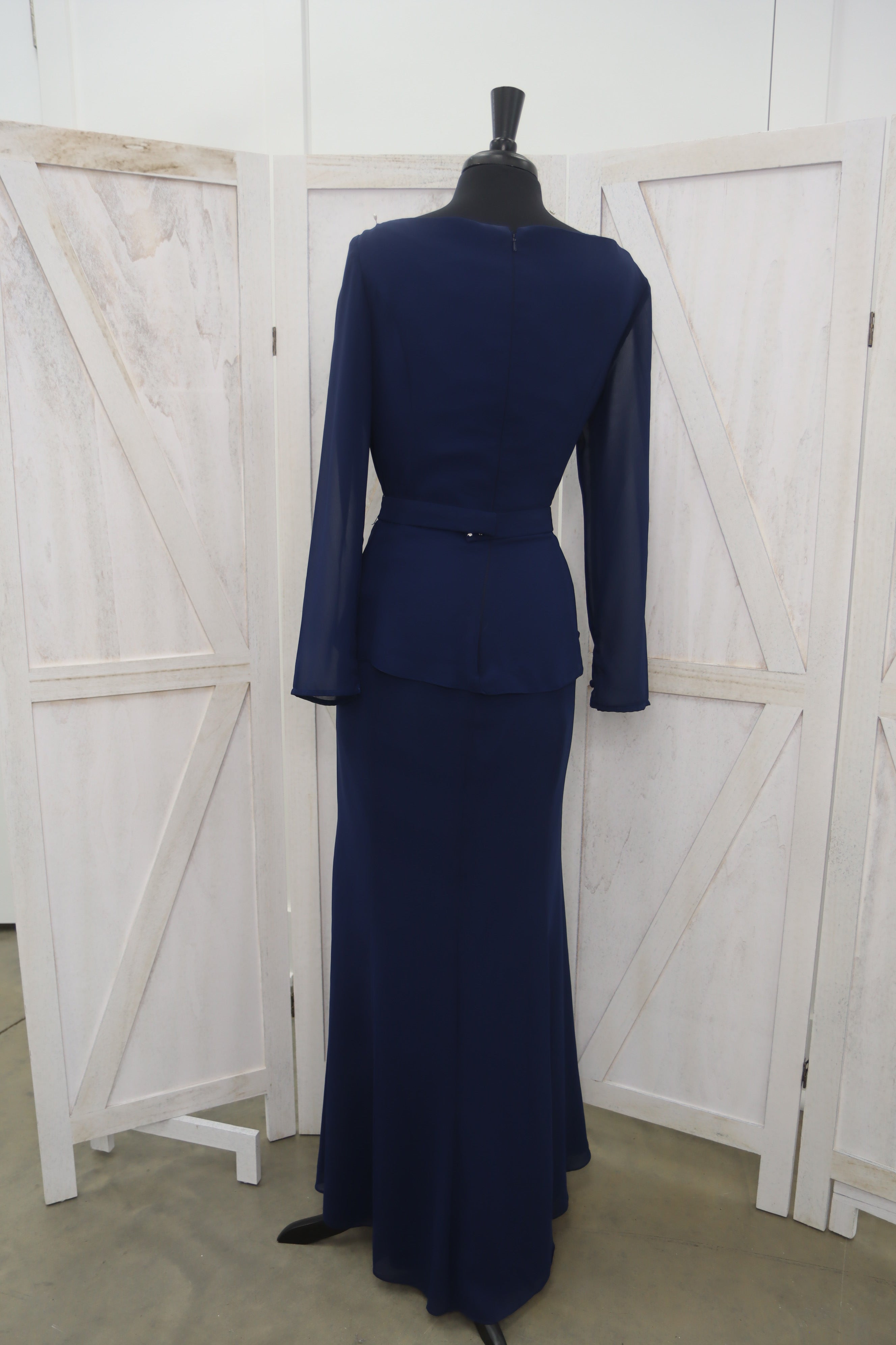 Navy Beaded Jewel Neck Long Sleeve Peplum Two-Piece Mother of the Bride Gown
