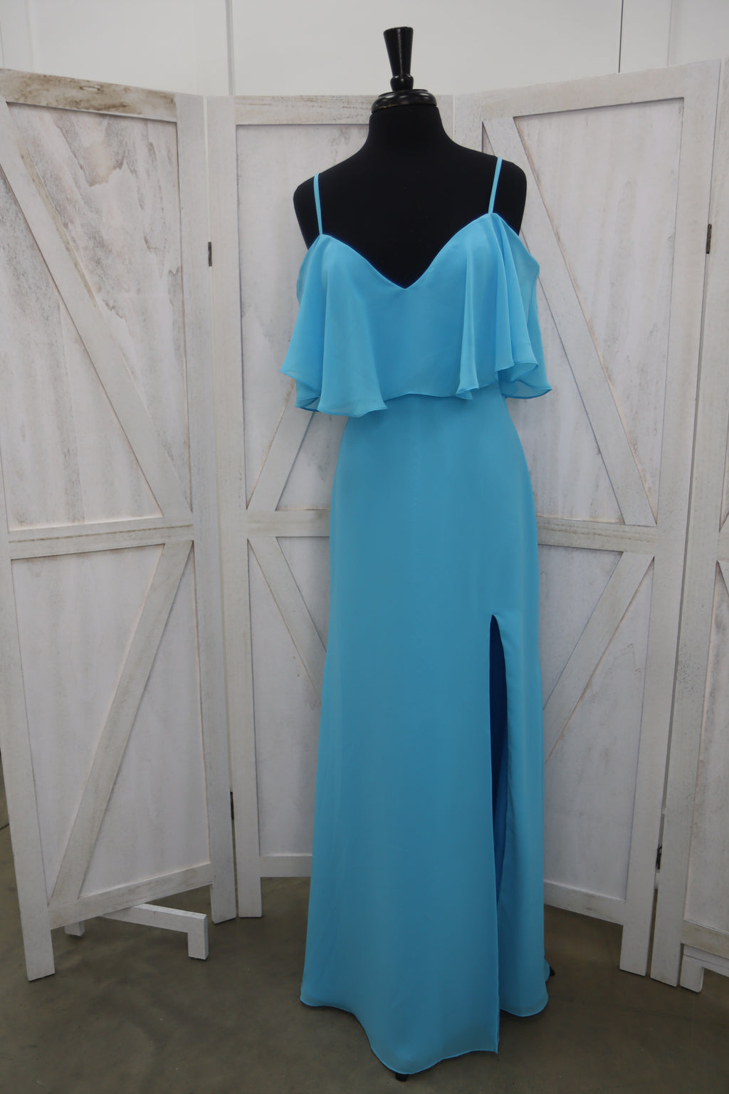 Aqua Blue Cold-Shoulder Ruffle Overlay Slit Bridesmaid Gown
